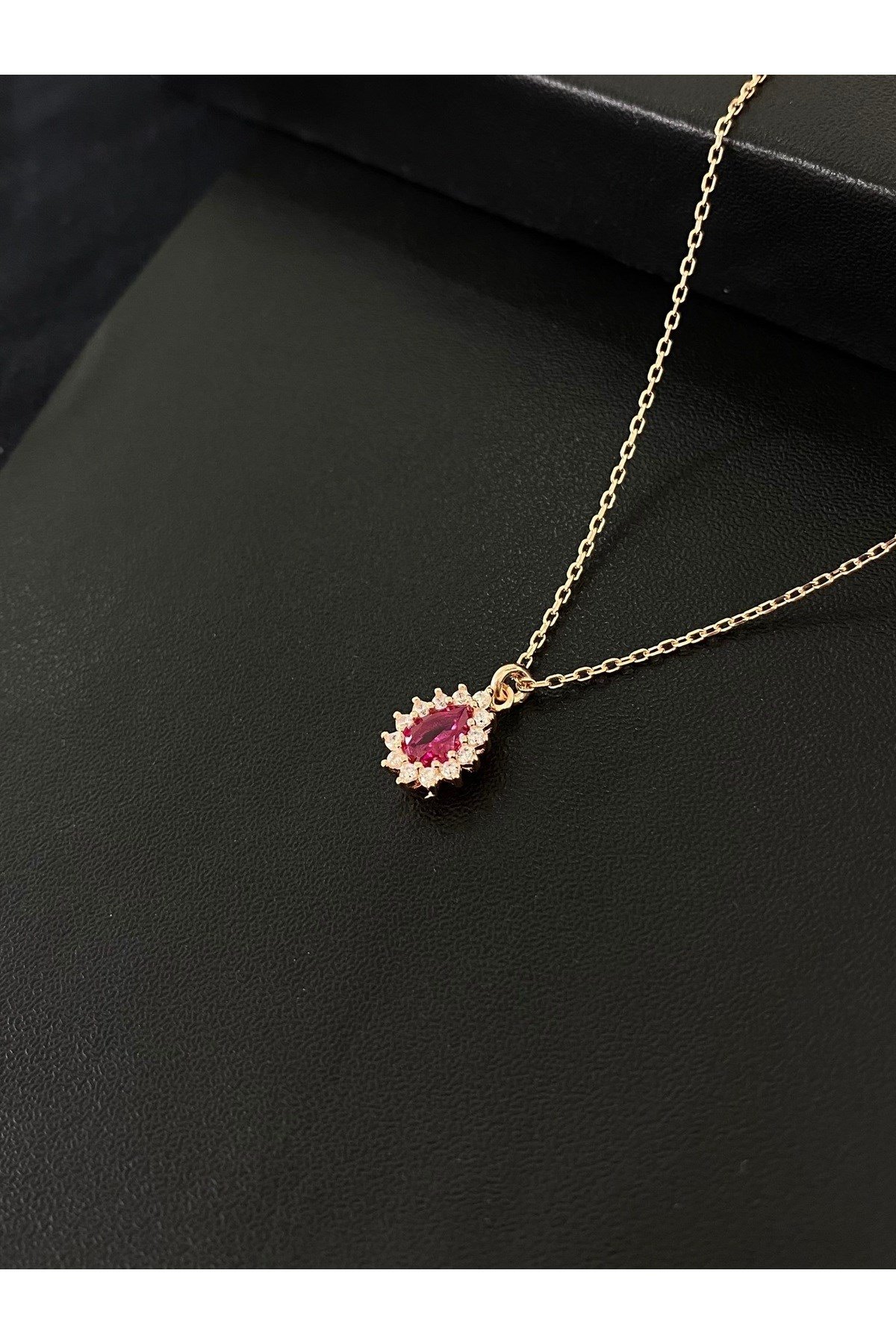 925 Ayar Gümüş Rose Kaplama Kırmızı Damla Modeli Kadın Gümüş Kolye (40+5CM) (Rose)