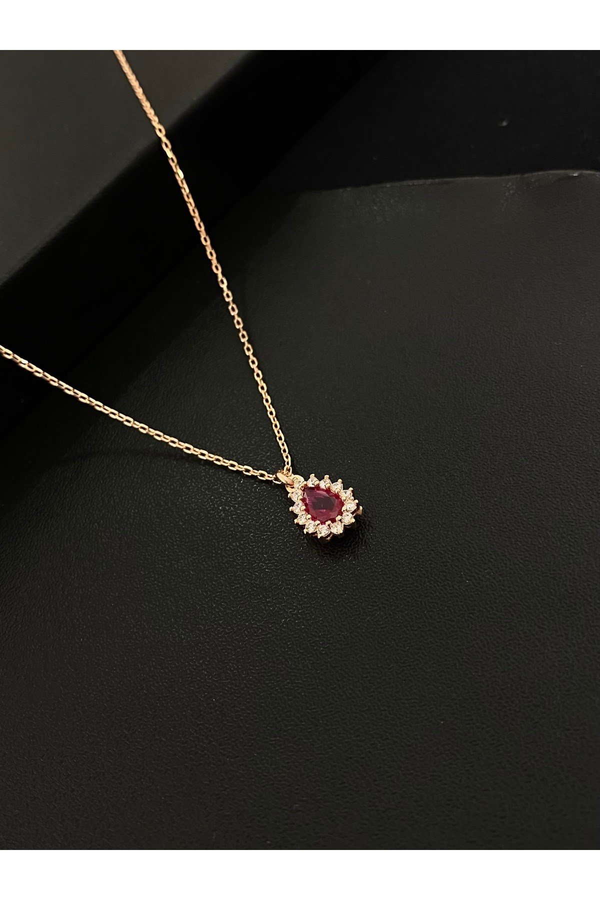 925 Ayar Gümüş Rose Kaplama Kırmızı Damla Modeli Kadın Gümüş Kolye (40+5CM) (Rose)