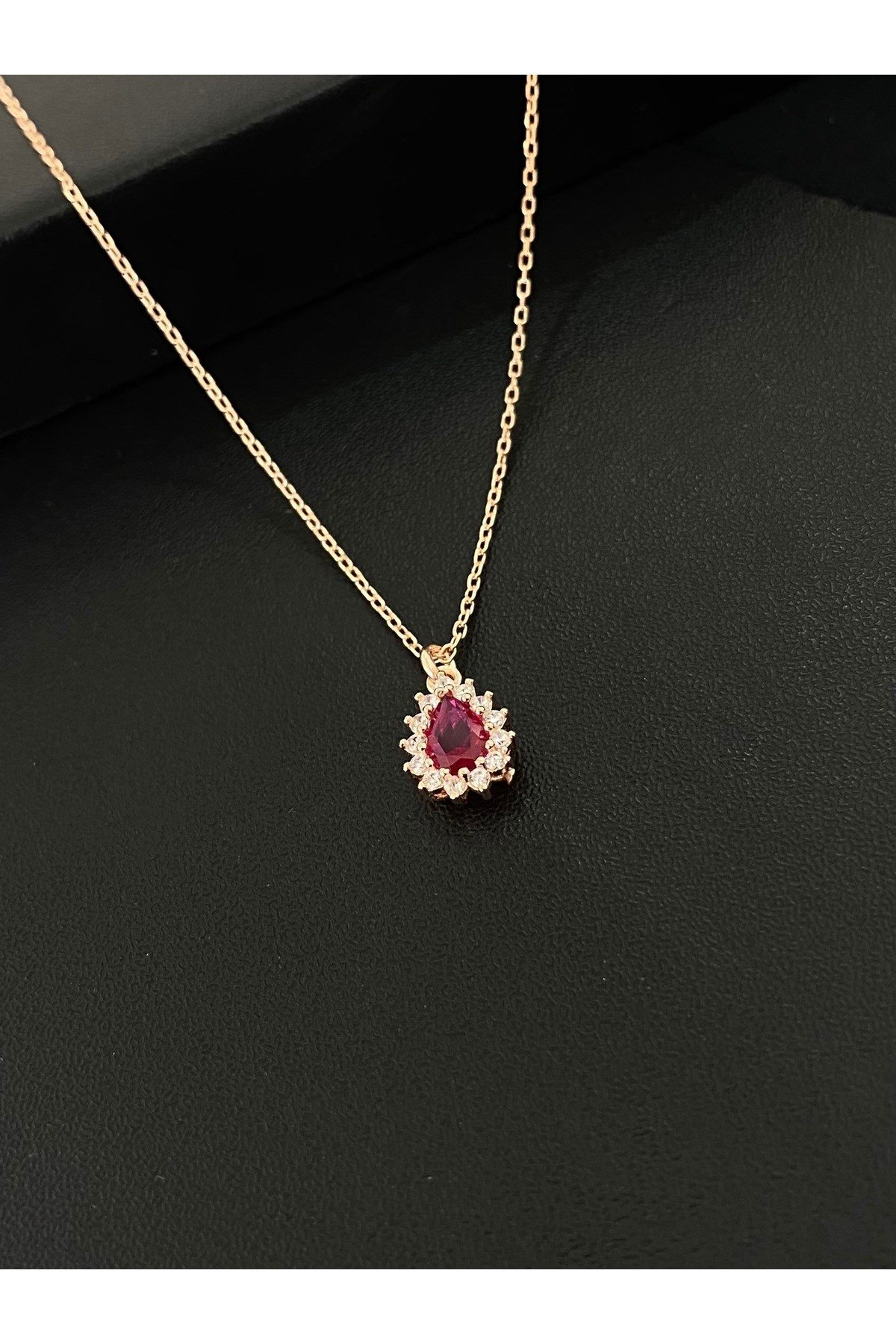 925 Ayar Gümüş Rose Kaplama Kırmızı Damla Modeli Kadın Gümüş Kolye (40+5CM) (Rose)