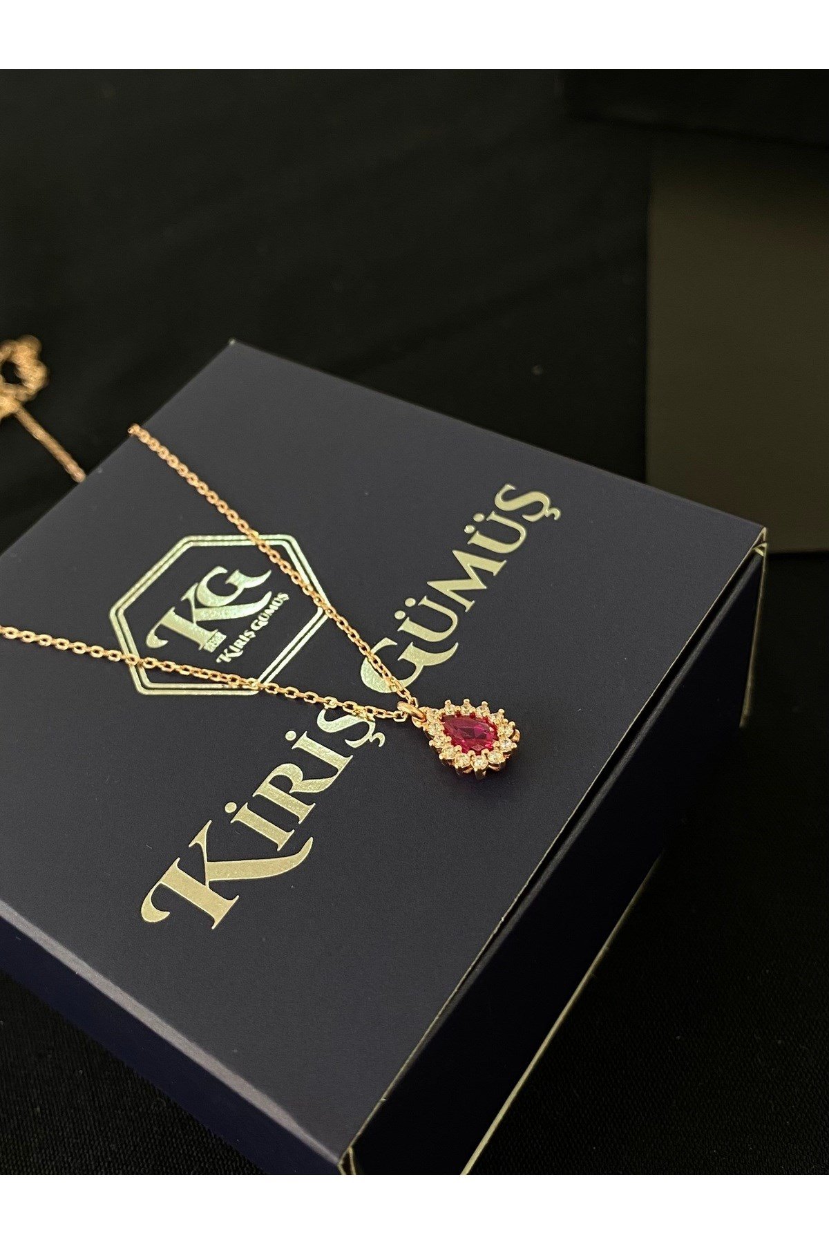 925 Ayar Gümüş Rose Kaplama Kırmızı Damla Modeli Kadın Gümüş Kolye (40+5CM) (Rose)