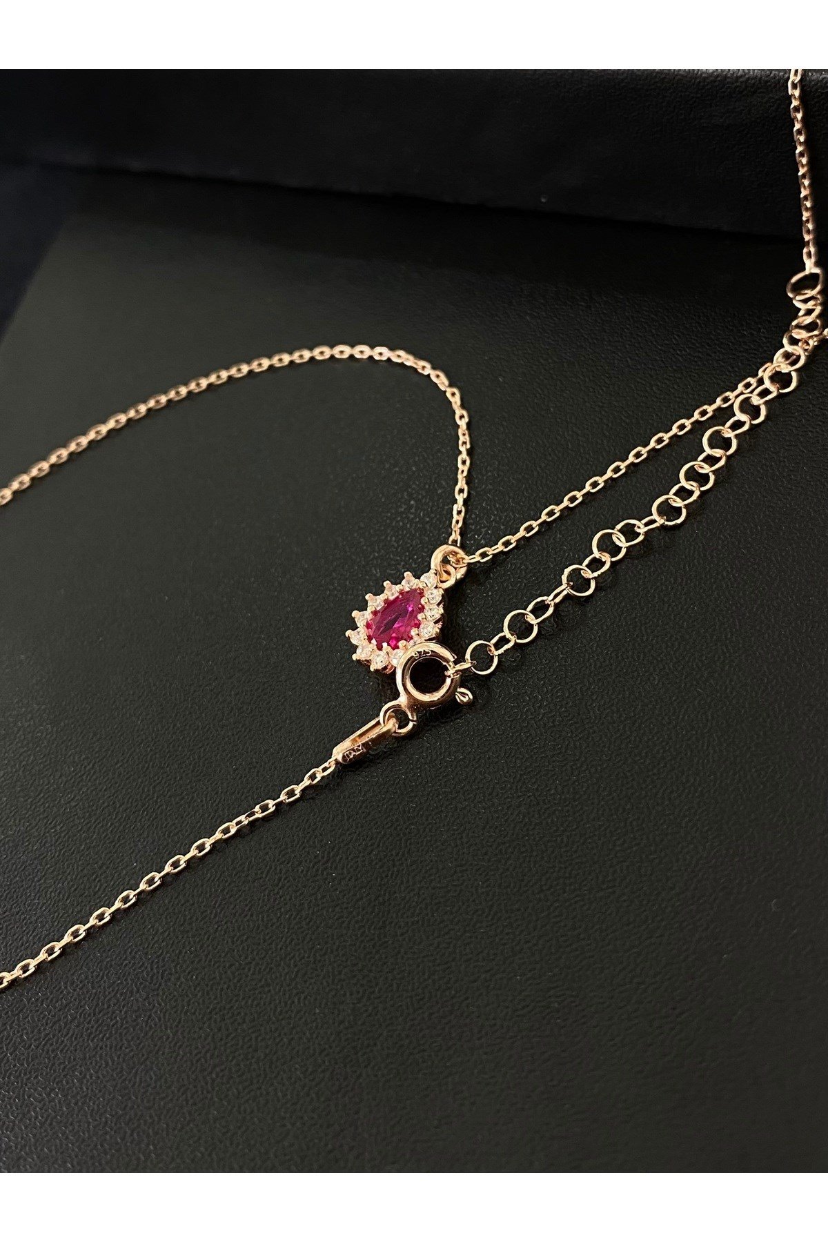 925 Ayar Gümüş Rose Kaplama Kırmızı Damla Modeli Kadın Gümüş Kolye (40+5CM) (Rose)