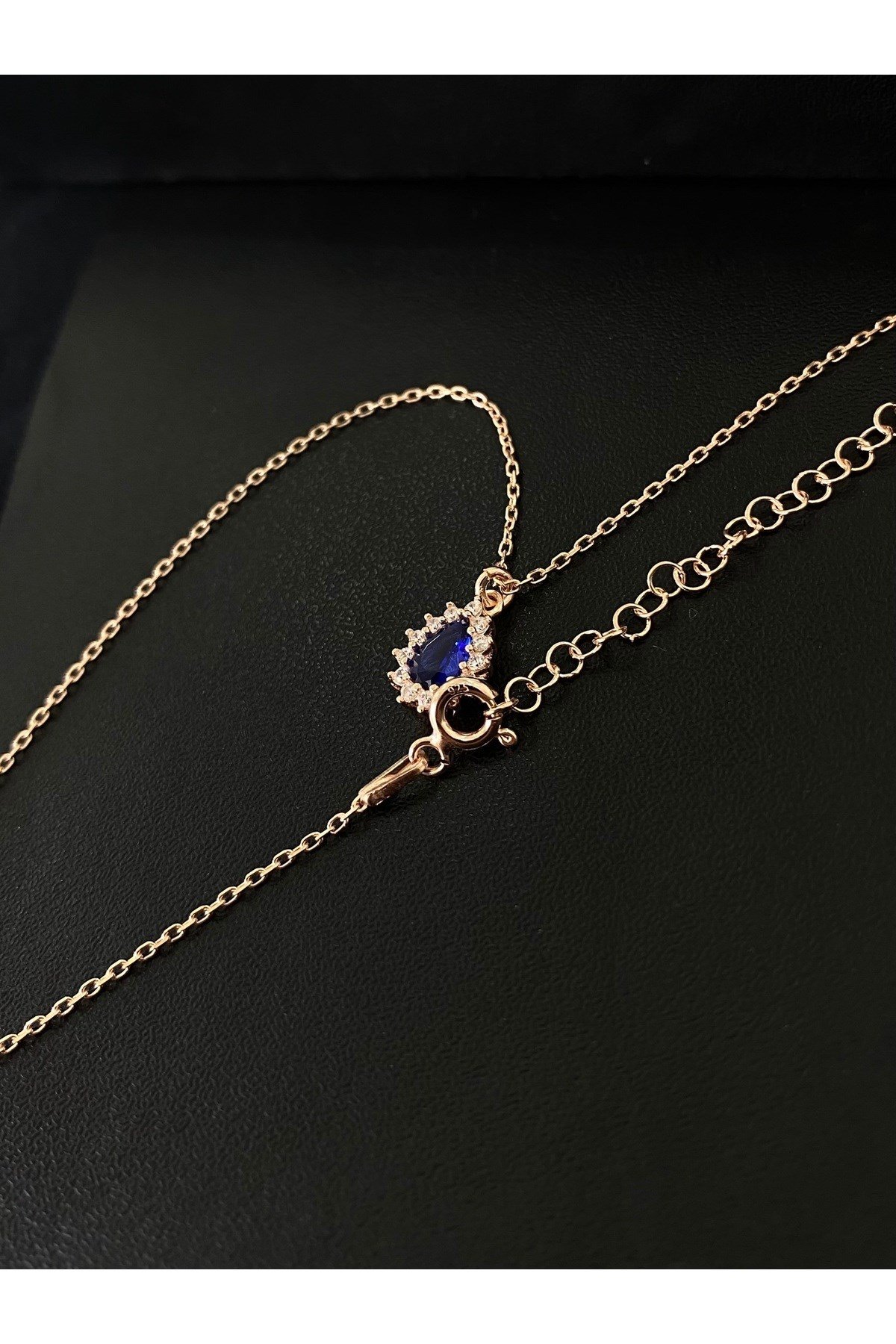 925 Ayar Gümüş Rose Kaplama Lacivert Damla Modeli Kadın Gümüş Kolye (40+5CM) (Rose)