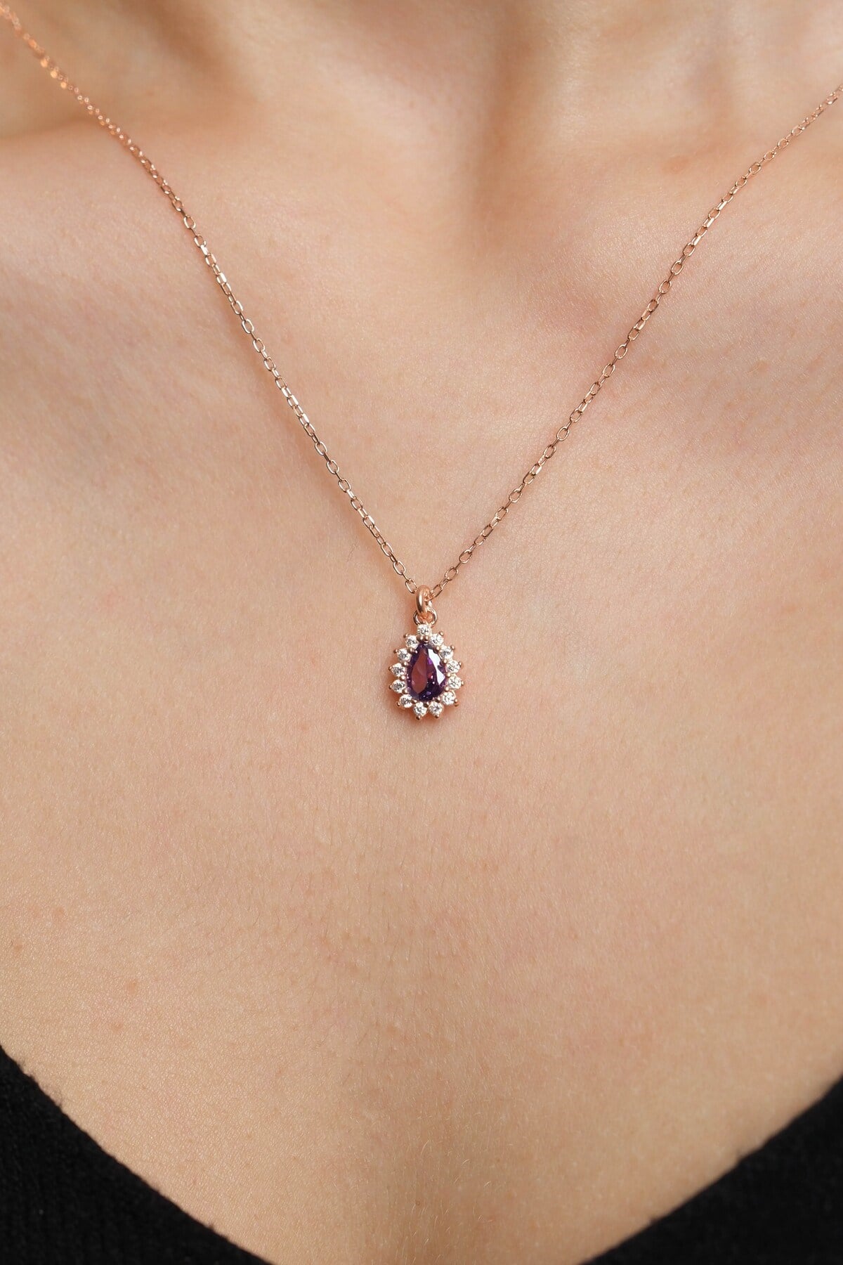 925 Ayar Gümüş Rose Kaplama Mor Damla Modeli Kadın Gümüş Kolye (40+5CM) (Rose)