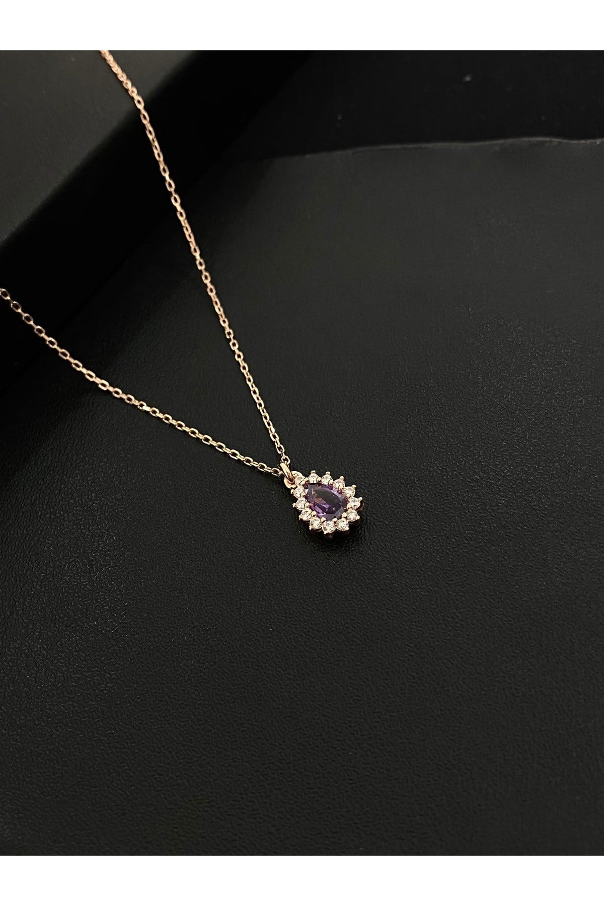 925 Ayar Gümüş Rose Kaplama Mor Damla Modeli Kadın Gümüş Kolye (40+5CM) (Rose)