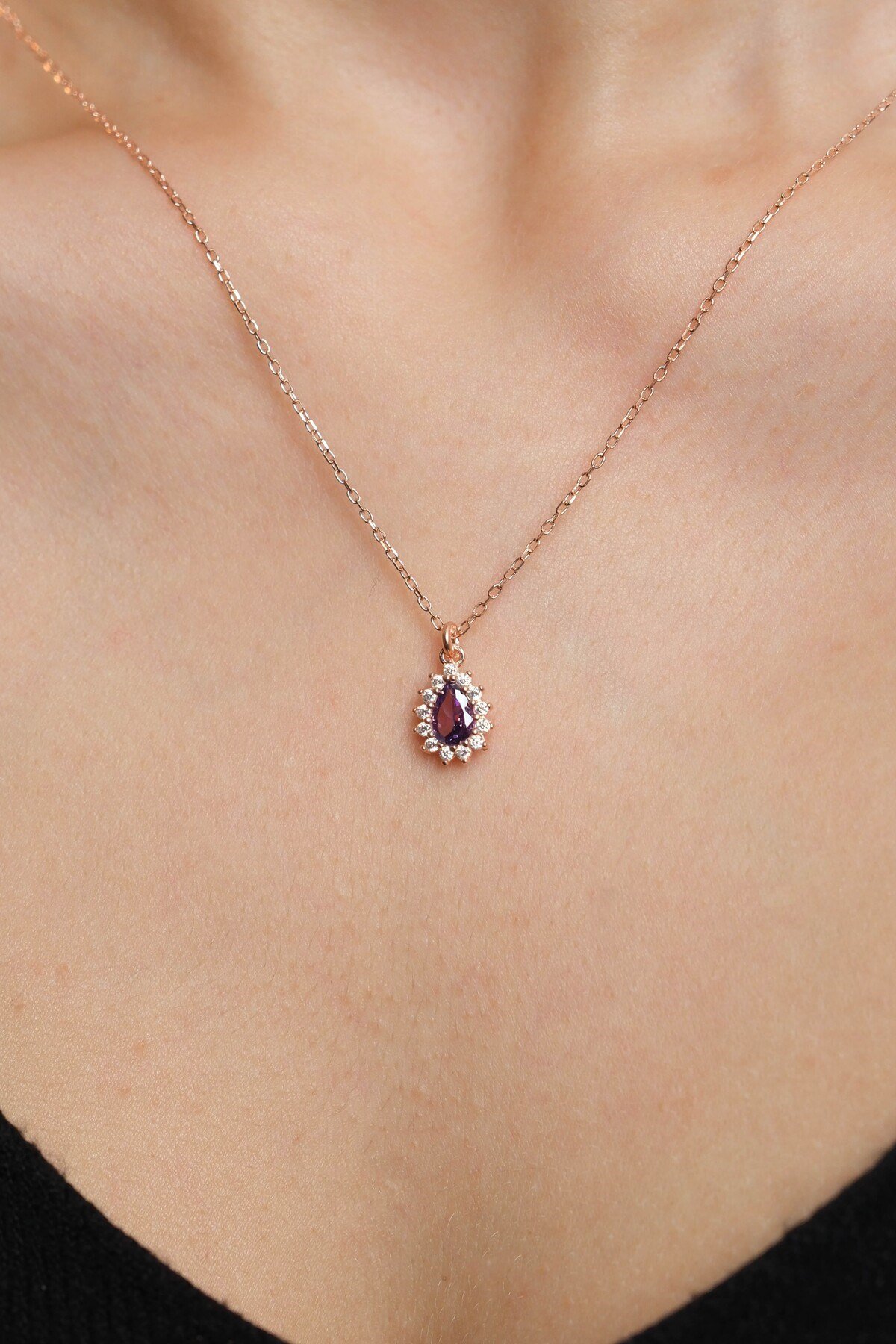 925 Ayar Gümüş Rose Kaplama Mor Damla Modeli Kadın Gümüş Kolye (40+5CM) (Rose)