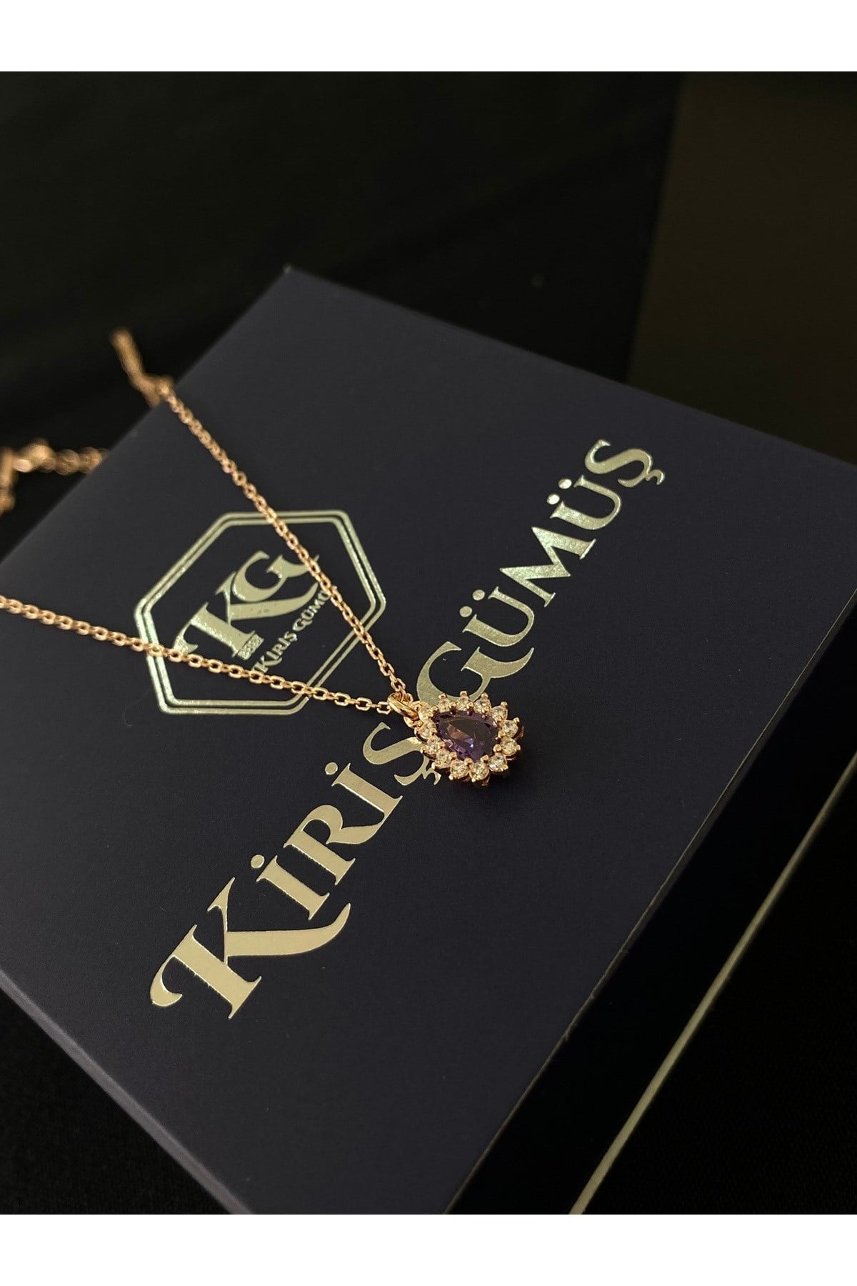 925 Ayar Gümüş Rose Kaplama Mor Damla Modeli Kadın Gümüş Kolye (40+5CM) (Rose)