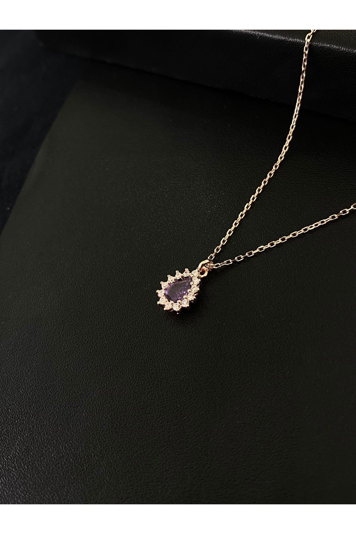 925 Ayar Gümüş Rose Kaplama Mor Damla Modeli Kadın Gümüş Kolye (40+5CM) (Rose)