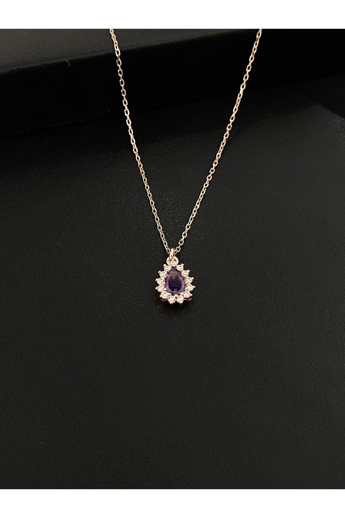 925 Ayar Gümüş Rose Kaplama Mor Damla Modeli Kadın Gümüş Kolye (40+5CM) (Rose)
