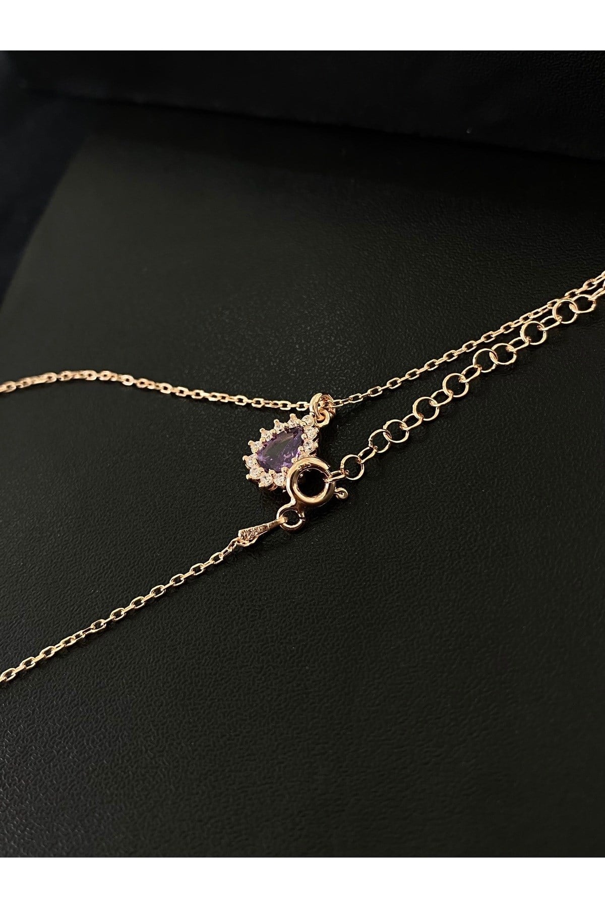 925 Ayar Gümüş Rose Kaplama Mor Damla Modeli Kadın Gümüş Kolye (40+5CM) (Rose)