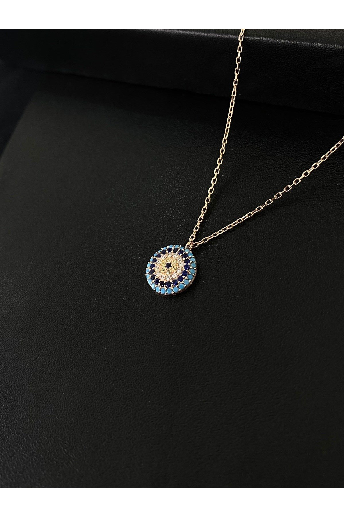 925 Ayar Gümüş Rose Kaplama Nazar Boncuğu Modeli Kadın Gümüş Kolye (40+5CM) (Rose)