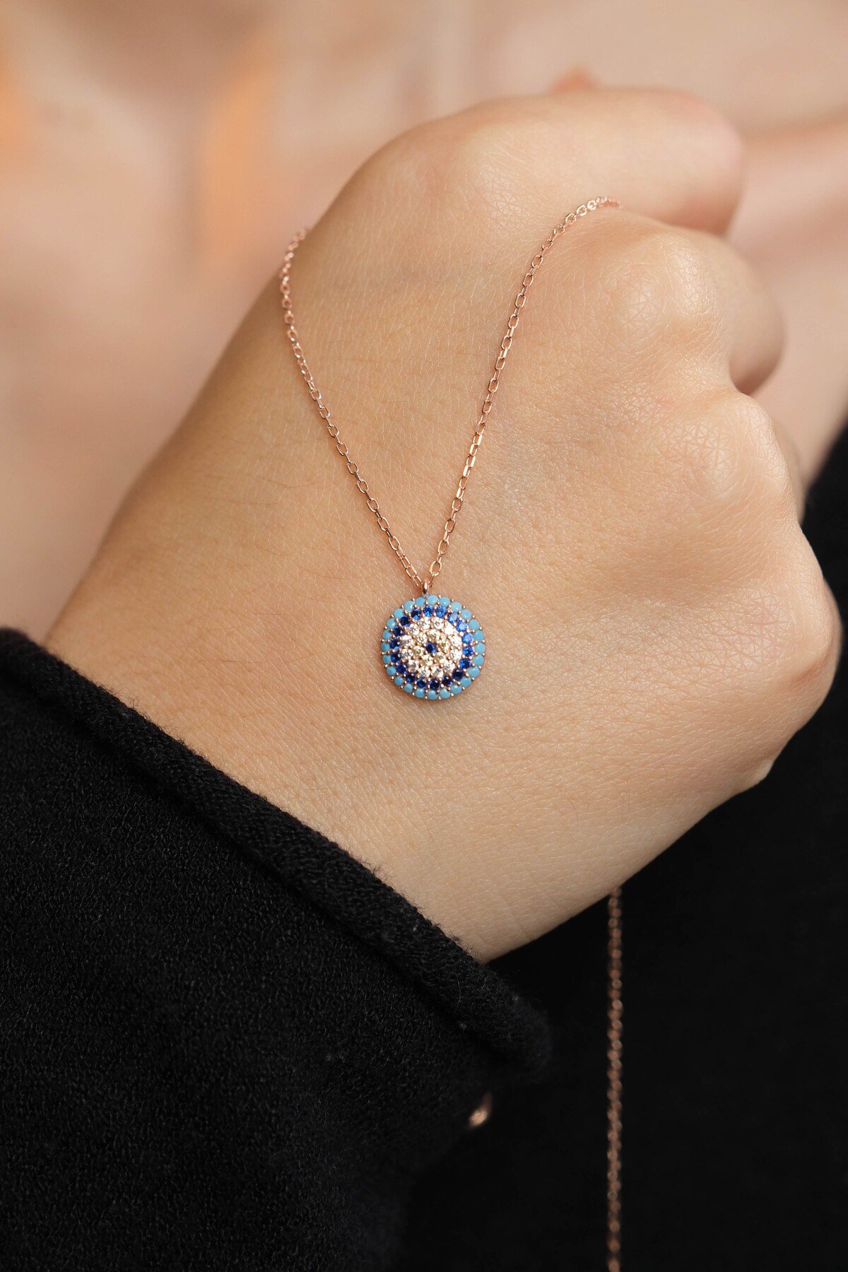 925 Ayar Gümüş Rose Kaplama Nazar Boncuğu Modeli Kadın Gümüş Kolye (40+5CM) (Rose)