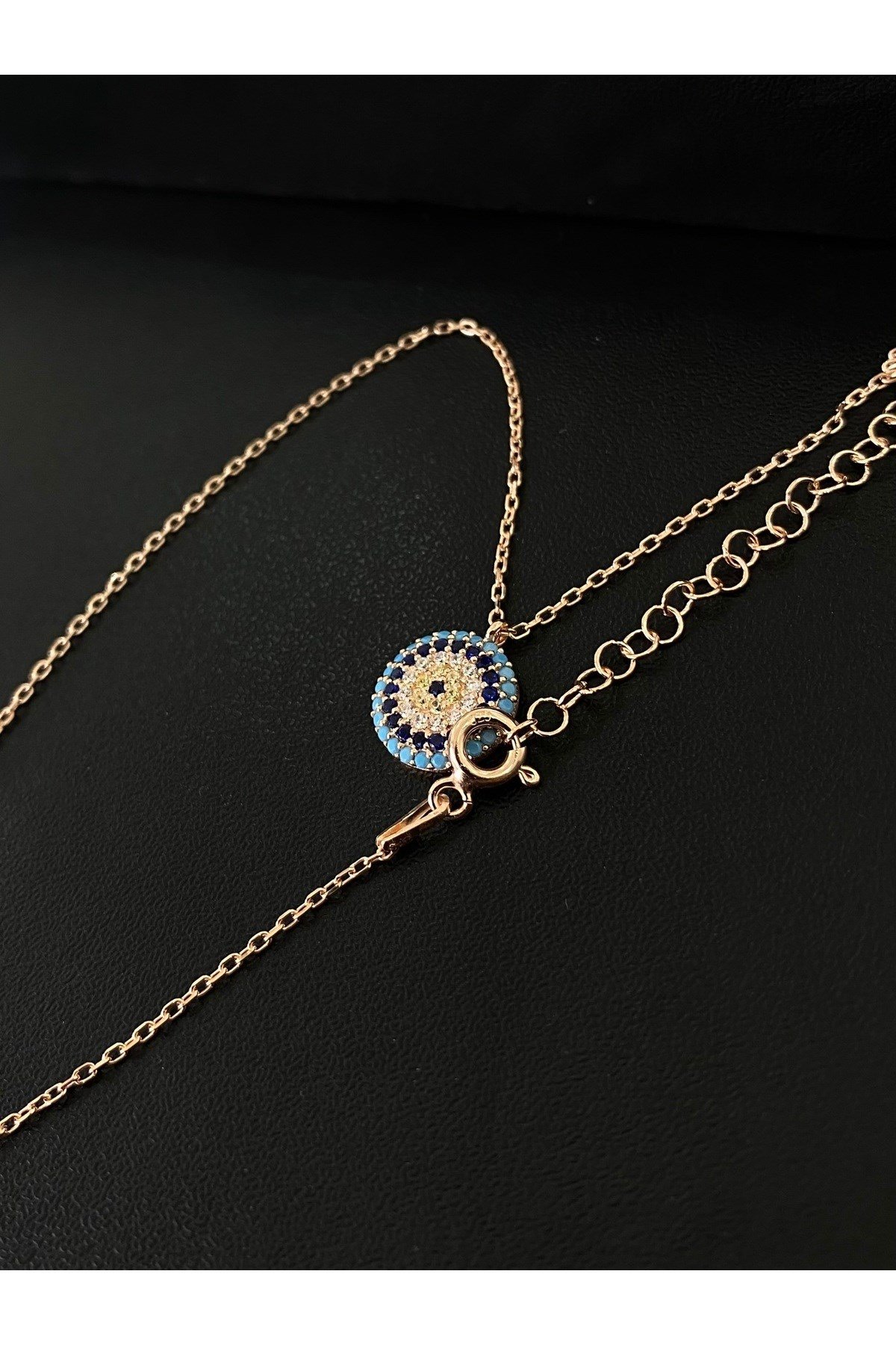 925 Ayar Gümüş Rose Kaplama Nazar Boncuğu Modeli Kadın Gümüş Kolye (40+5CM) (Rose)