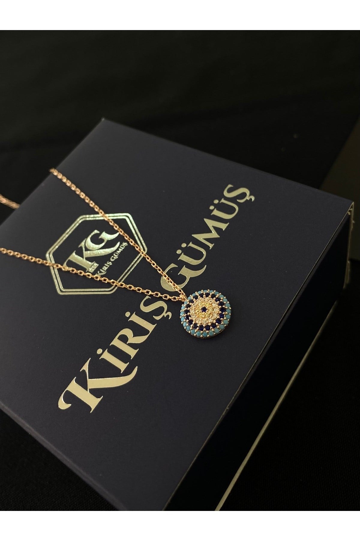 925 Ayar Gümüş Rose Kaplama Nazar Boncuğu Modeli Kadın Gümüş Kolye (40+5CM) (Rose)