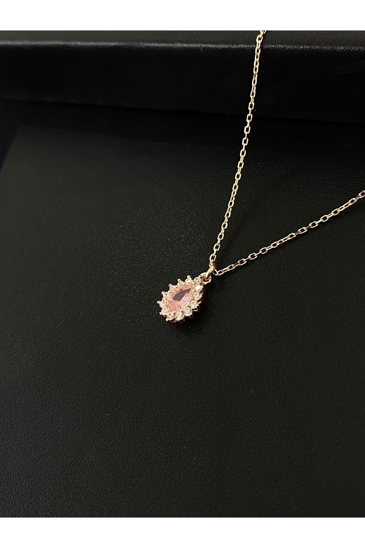 925 Ayar Gümüş Rose Kaplama Pembe Damla Modeli Kadın Gümüş Kolye (40+5CM) (Rose)