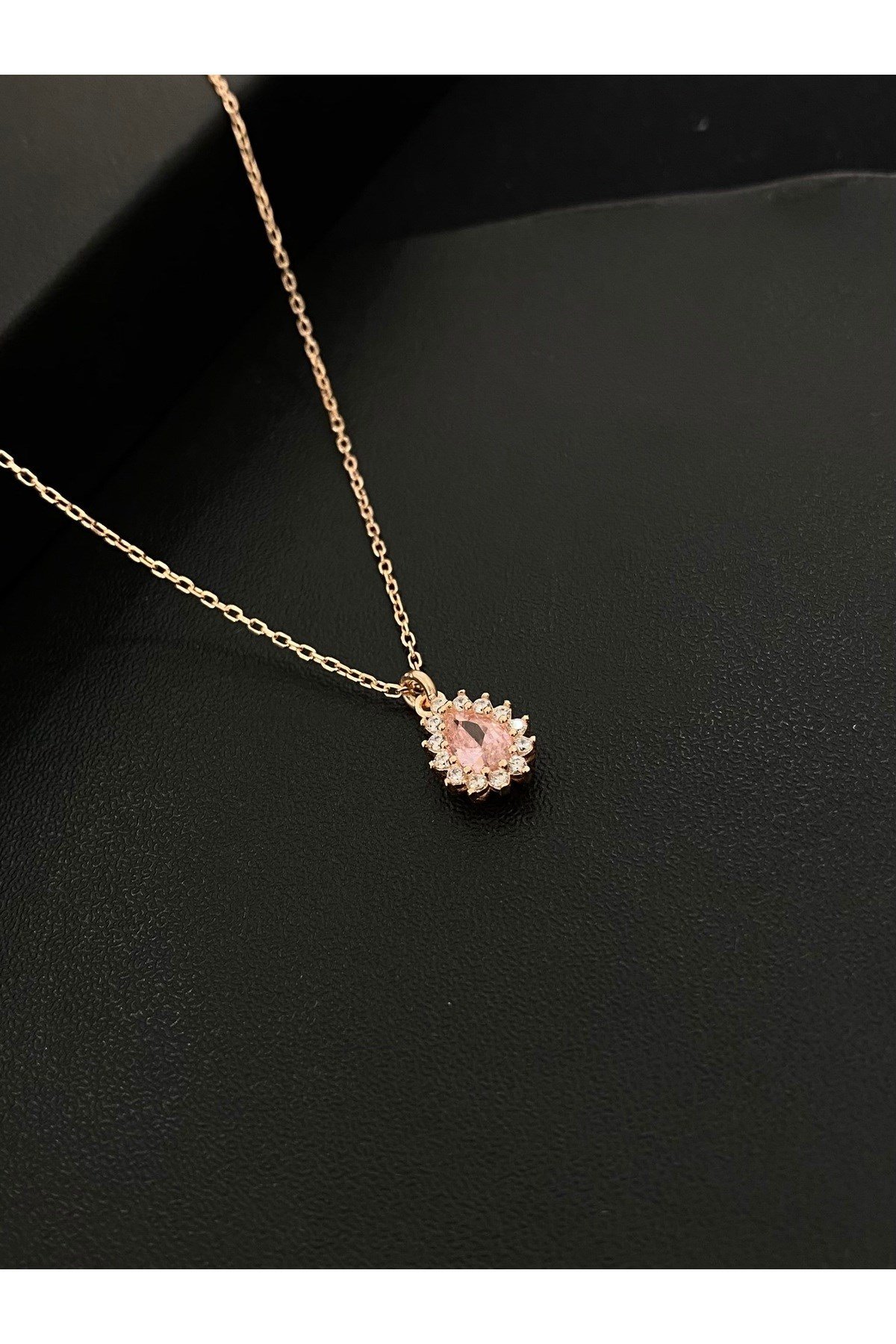 925 Ayar Gümüş Rose Kaplama Pembe Damla Modeli Kadın Gümüş Kolye (40+5CM) (Rose)
