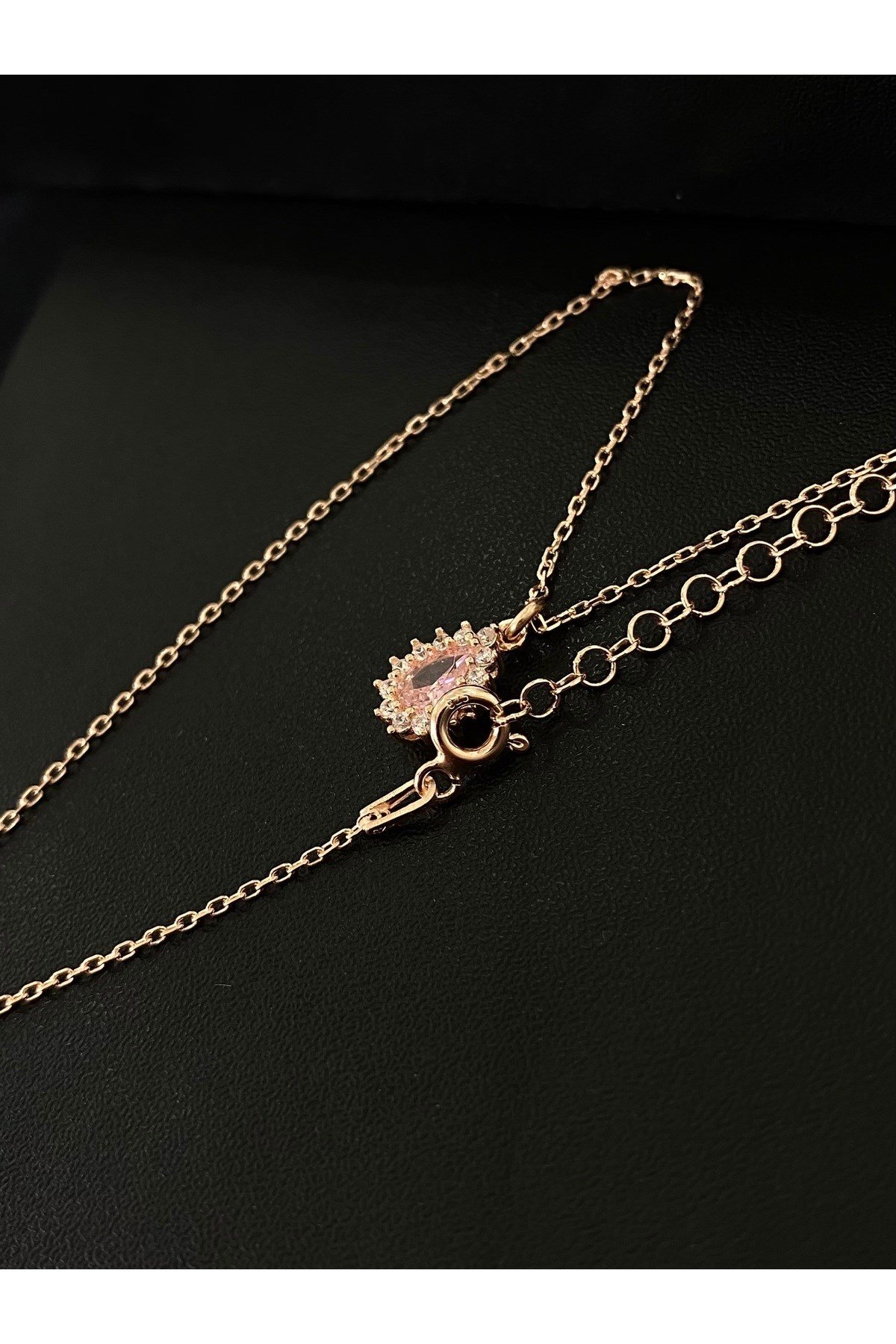 925 Ayar Gümüş Rose Kaplama Pembe Damla Modeli Kadın Gümüş Kolye (40+5CM) (Rose)