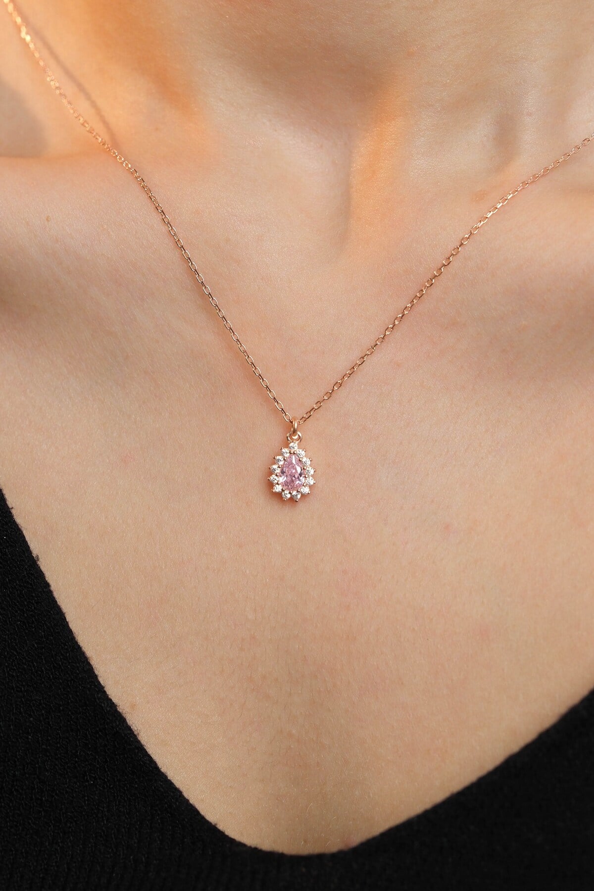 925 Ayar Gümüş Rose Kaplama Pembe Damla Modeli Kadın Gümüş Kolye (40+5CM) (Rose)