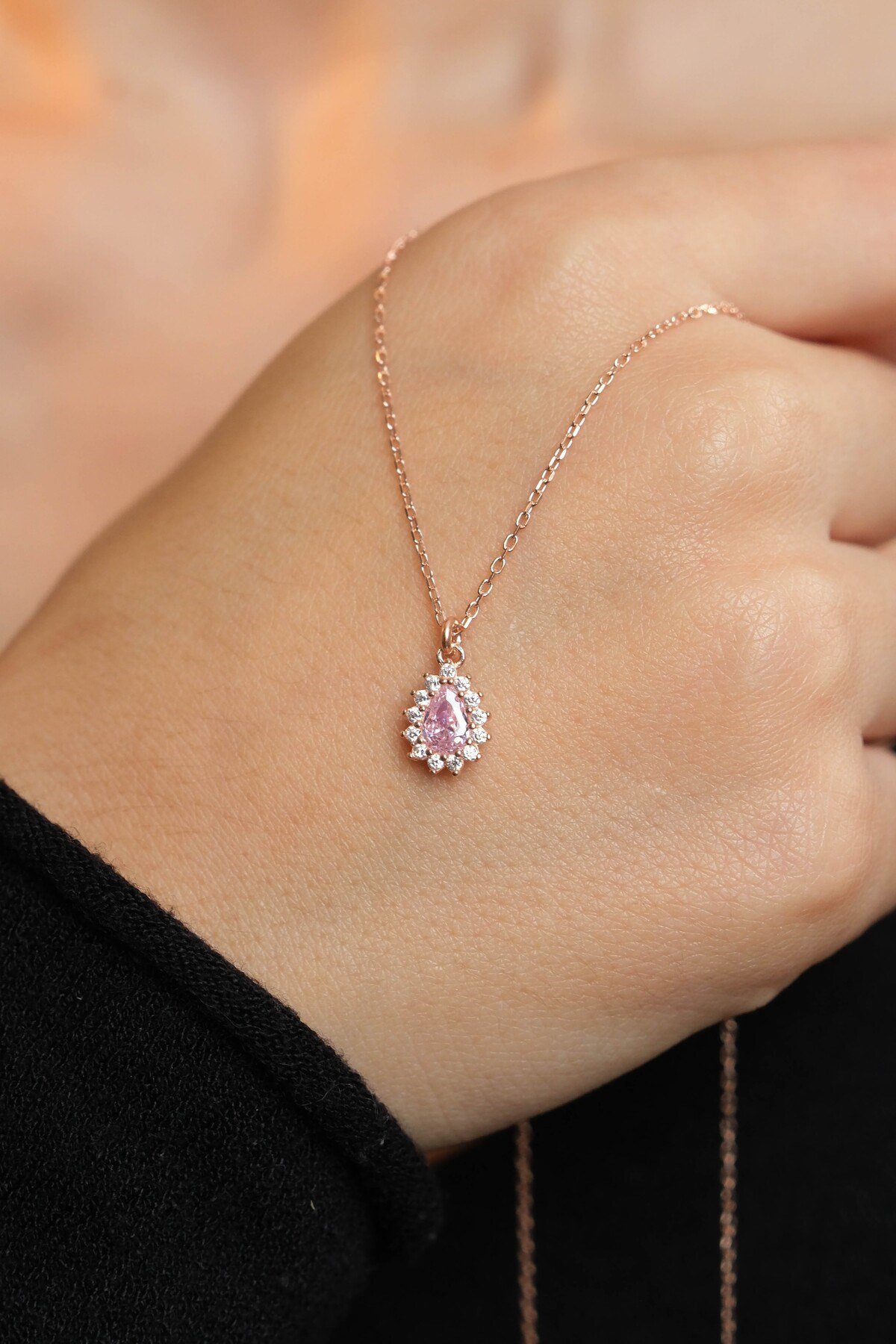 925 Ayar Gümüş Rose Kaplama Pembe Damla Modeli Kadın Gümüş Kolye (40+5CM) (Rose)