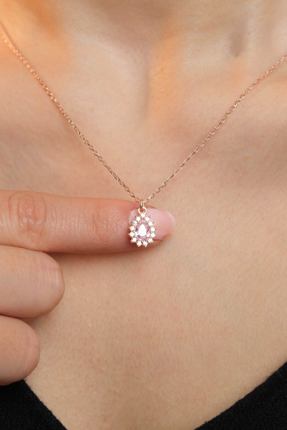 925 Ayar Gümüş Rose Kaplama Pembe Damla Modeli Kadın Gümüş Kolye (40+5CM) (Rose)