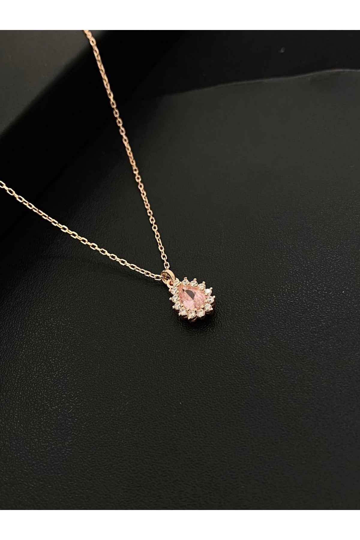 925 Ayar Gümüş Rose Kaplama Pembe Damla Modeli Kadın Gümüş Kolye (40+5CM) (Rose)