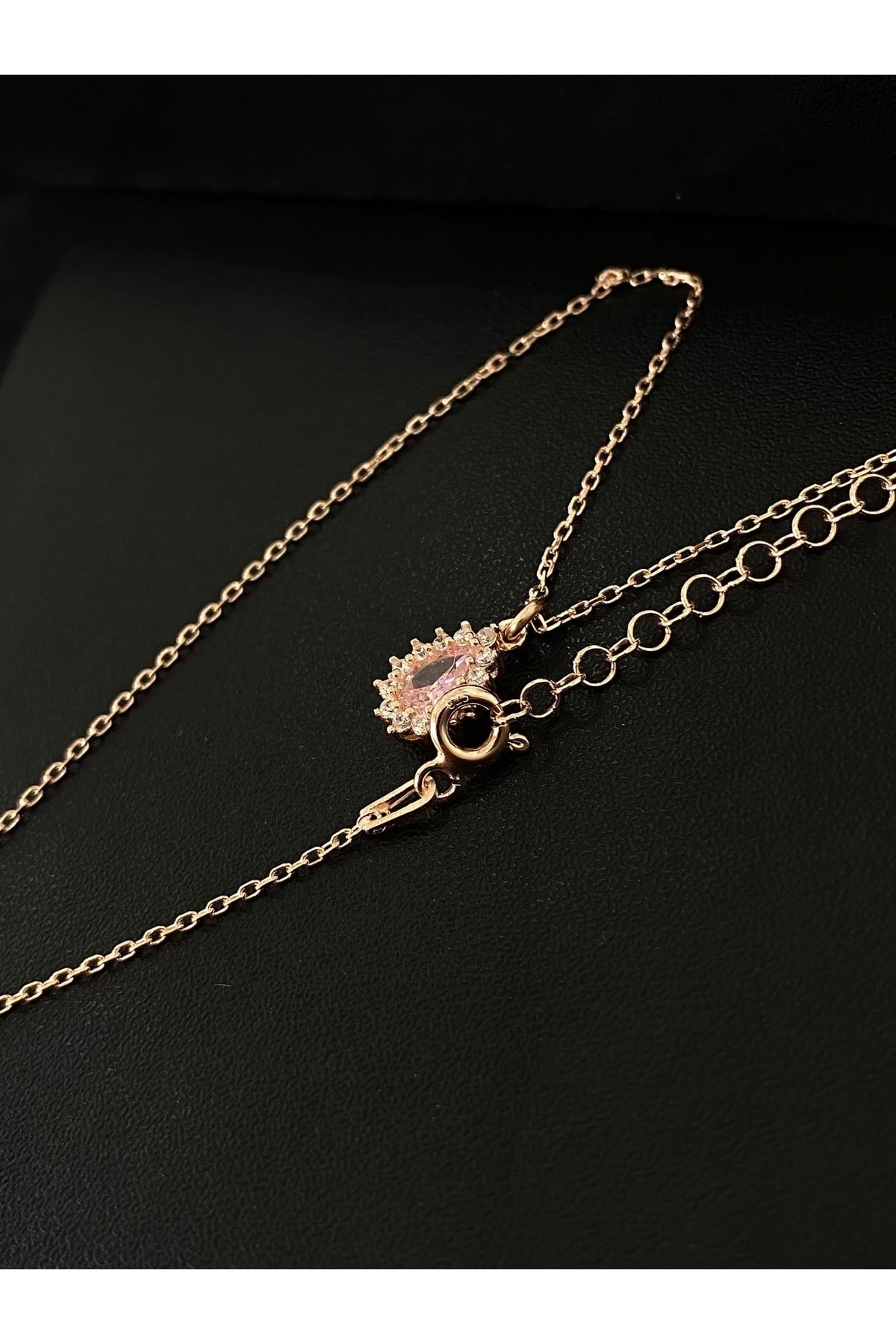 925 Ayar Gümüş Rose Kaplama Pembe Damla Modeli Kadın Gümüş Kolye (40+5CM) (Rose)