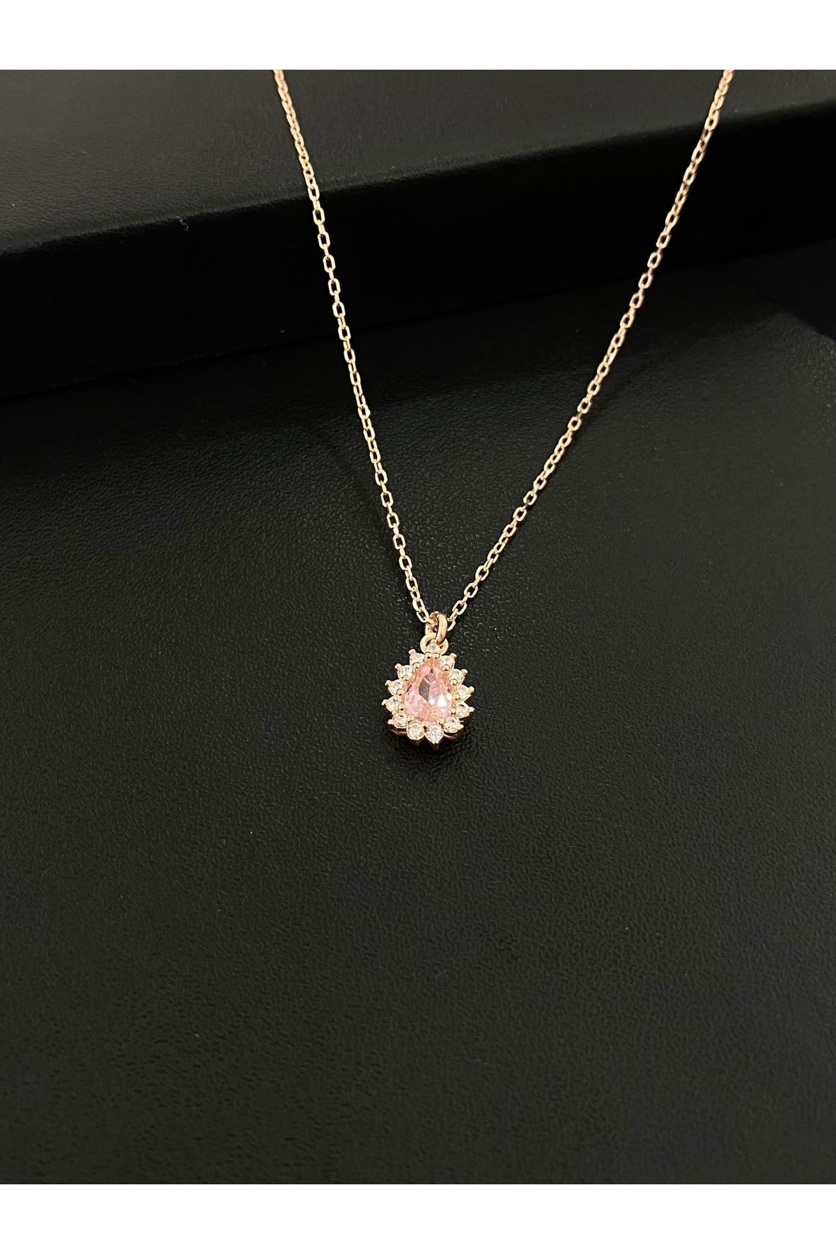 925 Ayar Gümüş Rose Kaplama Pembe Damla Modeli Kadın Gümüş Kolye (40+5CM) (Rose)