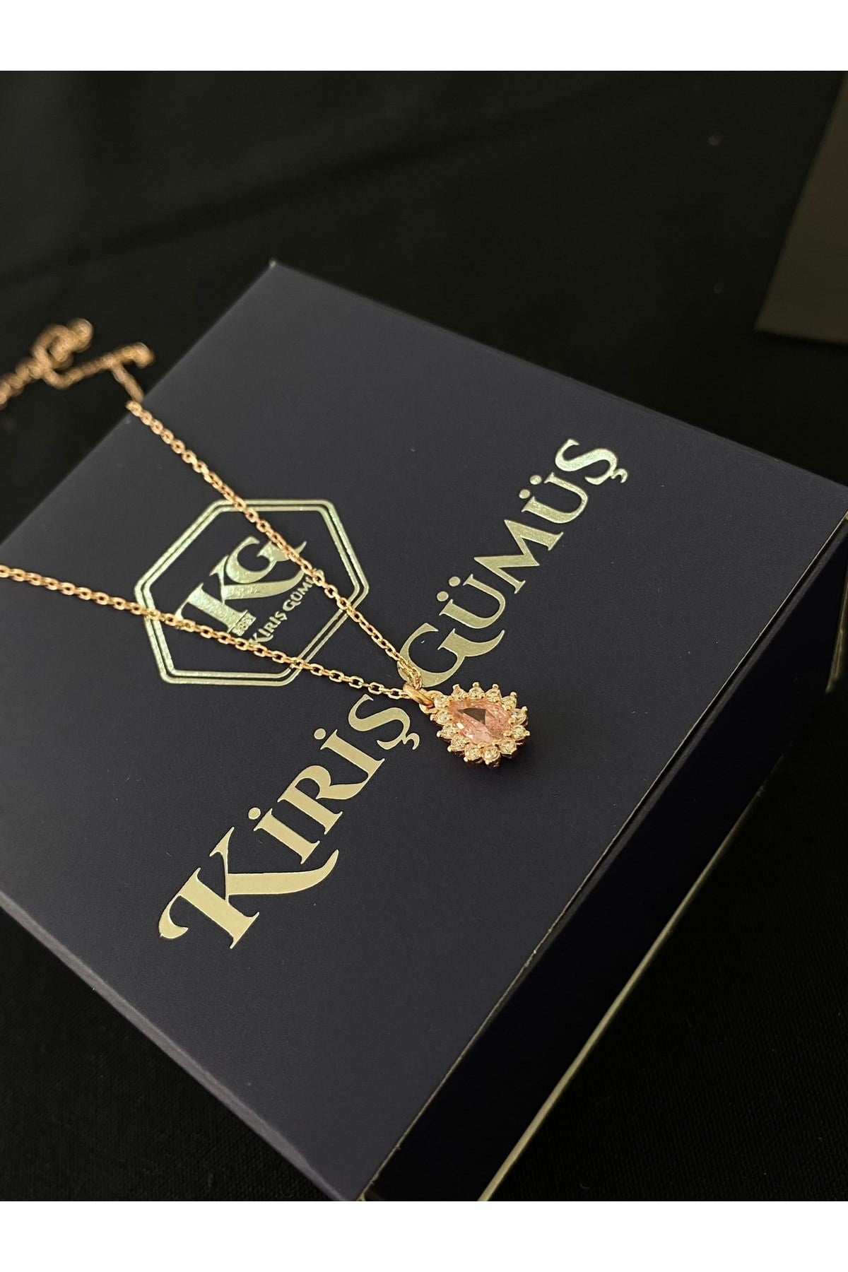 925 Ayar Gümüş Rose Kaplama Pembe Damla Modeli Kadın Gümüş Kolye (40+5CM) (Rose)