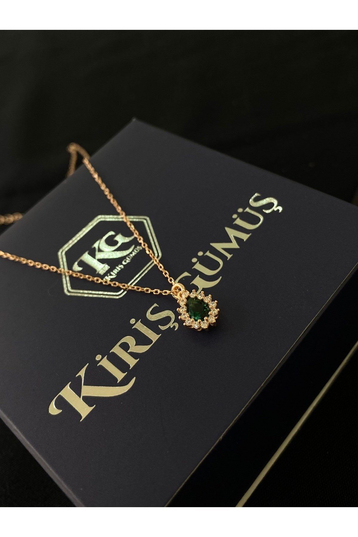 925 Ayar Gümüş Rose Kaplama Yeşil Damla Modeli Kadın Gümüş Kolye (40+5CM) (Rose)