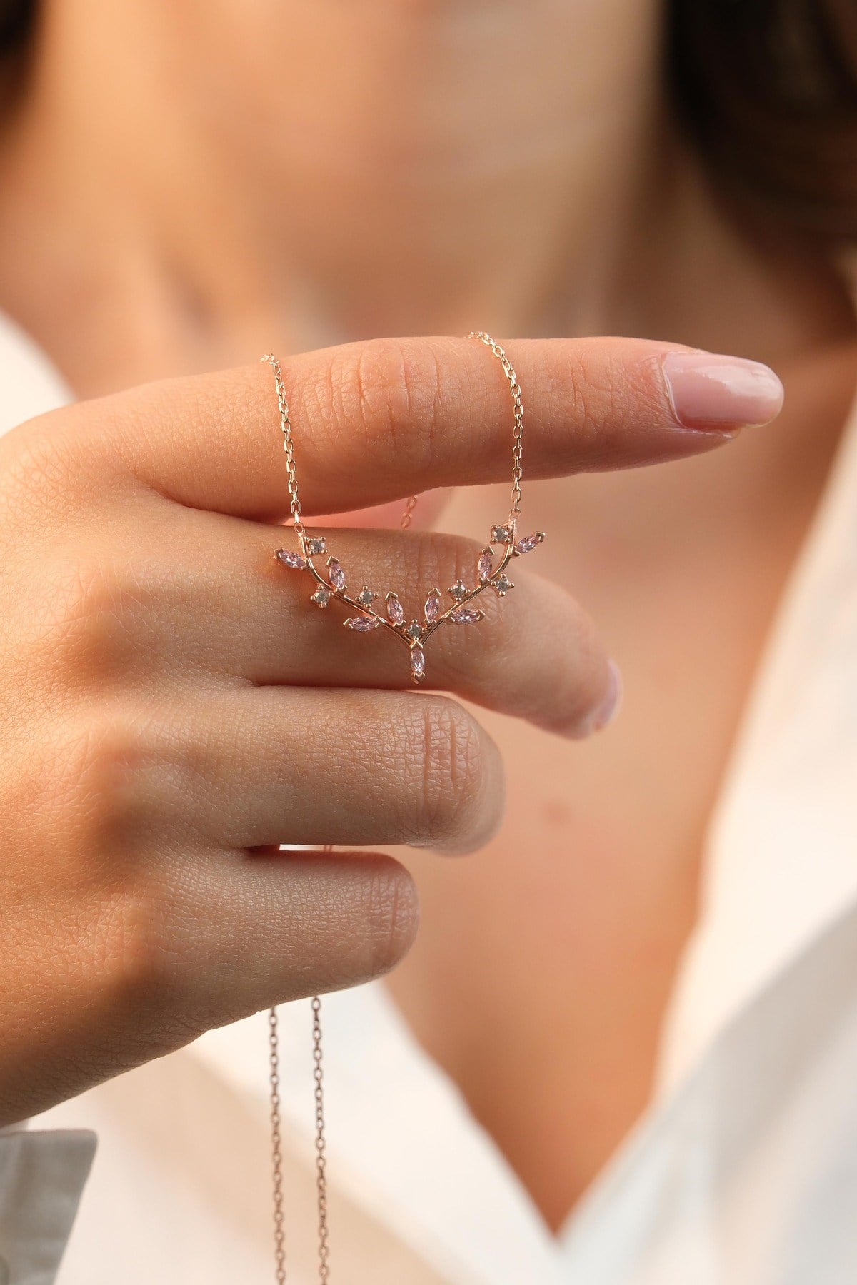 925 Ayar Gümüş Rose Pembe Geyik Boynuzu Kadın Gümüş Kolye