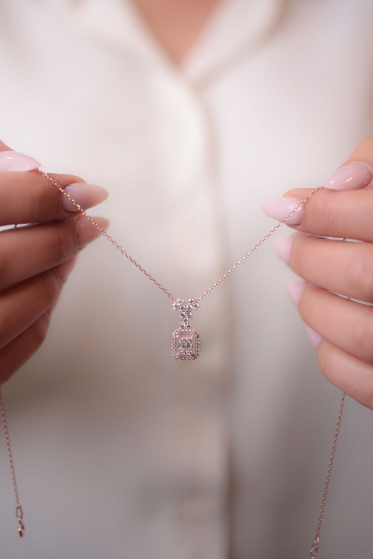 925 Ayar Gümüş Rose Renk Baget Kadın Gümüş Kolye (40+5CM) (Rose)