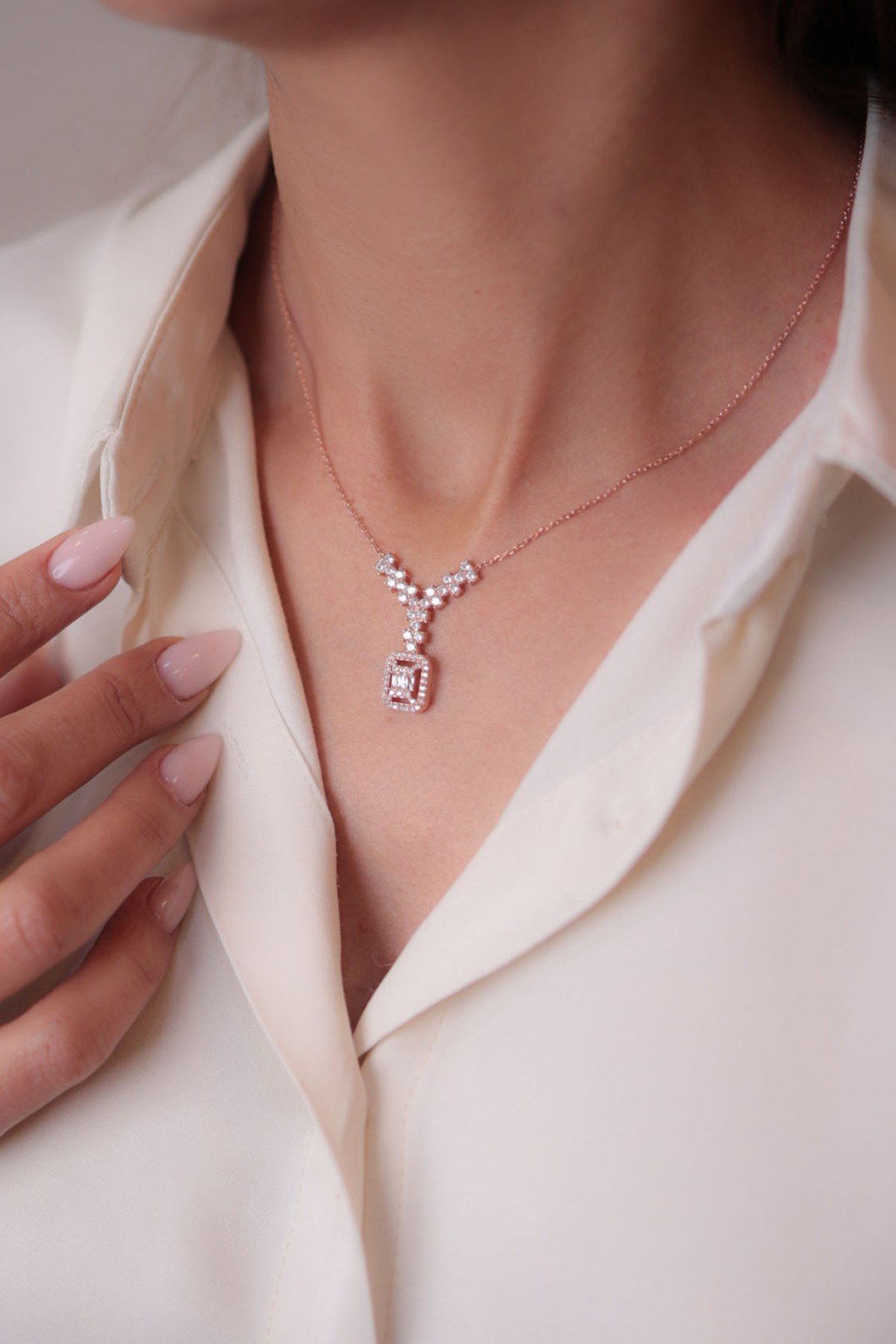925 Ayar Gümüş Rose Renk Baget Kadın Gümüş Kolye (40+5CM) (Rose)