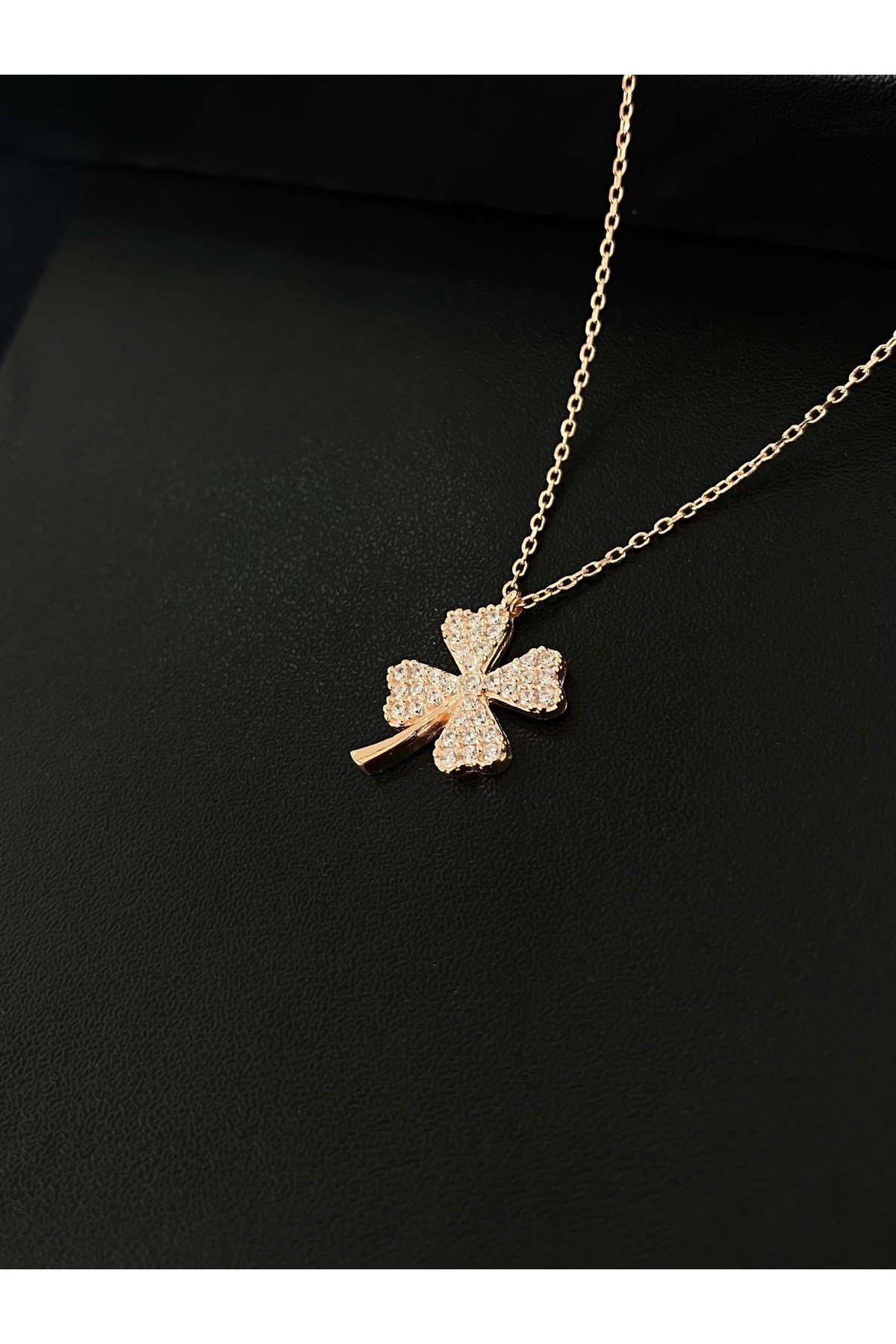 925 Ayar Gümüş Rose Renk Kaplama Yonca Modeli Kadın Gümüş Kolye (40+5CM) (Rose)
