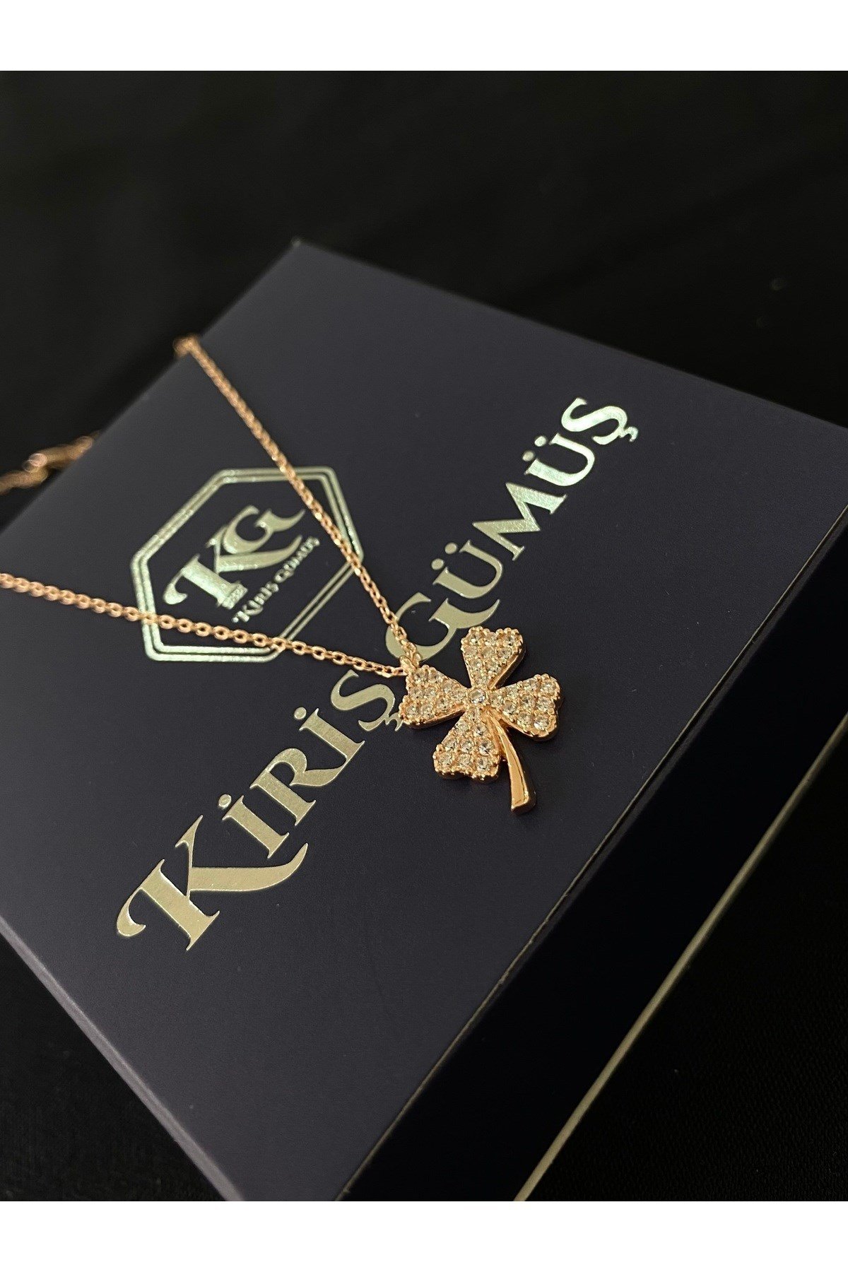 925 Ayar Gümüş Rose Renk Kaplama Yonca Modeli Kadın Gümüş Kolye (40+5CM) (Rose)