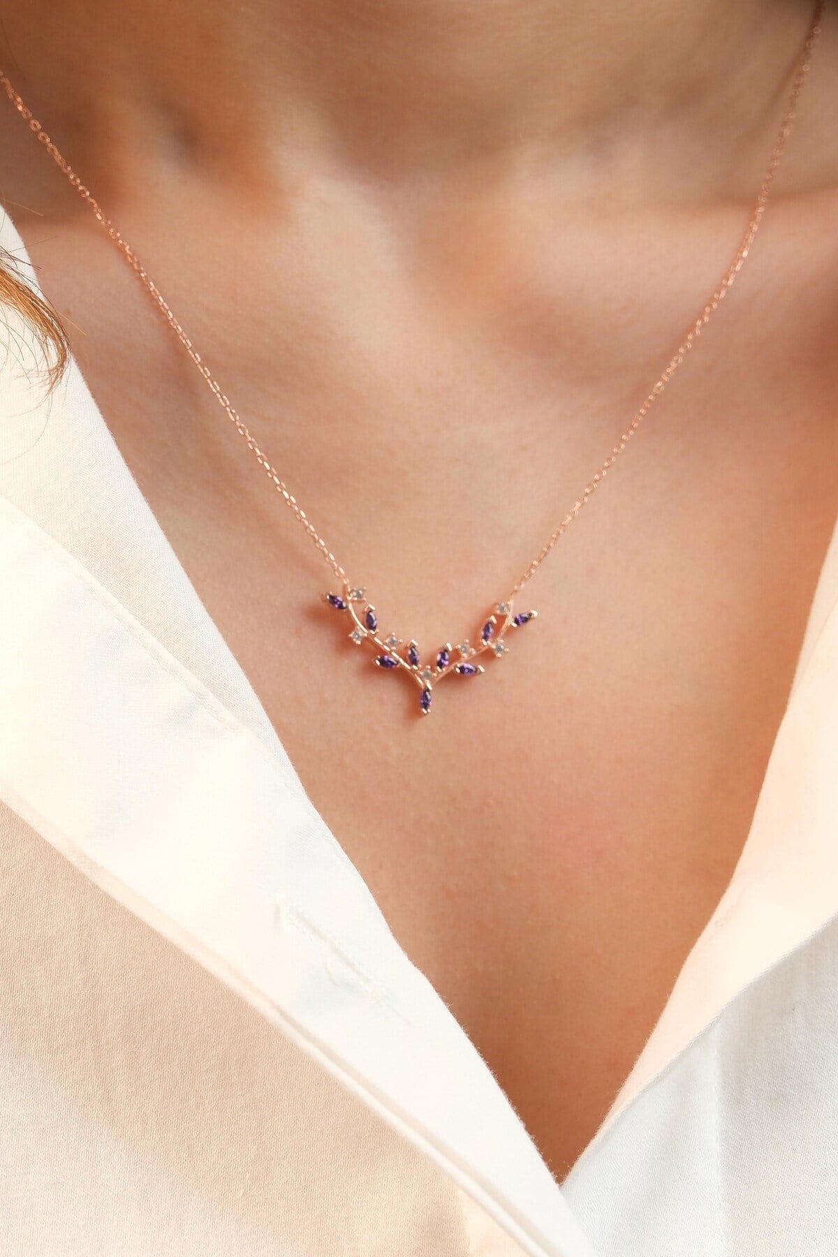 925 Ayar Gümüş Rose Renk Mor Geyik Boynuzu Kadın Gümüş Kolye