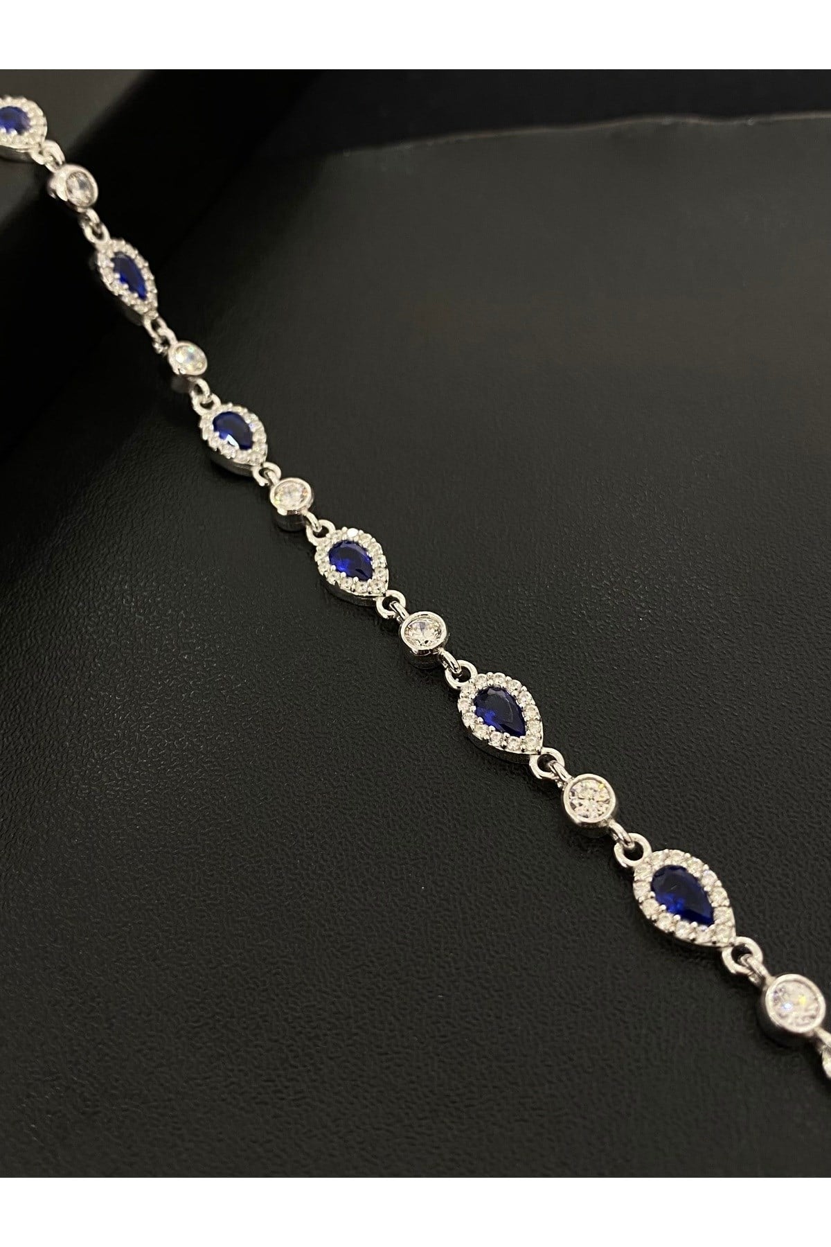 925 Ayar Gümüş Tamtur Lacivert Damla Kadın Gümüş Bileklik (17+3CM)