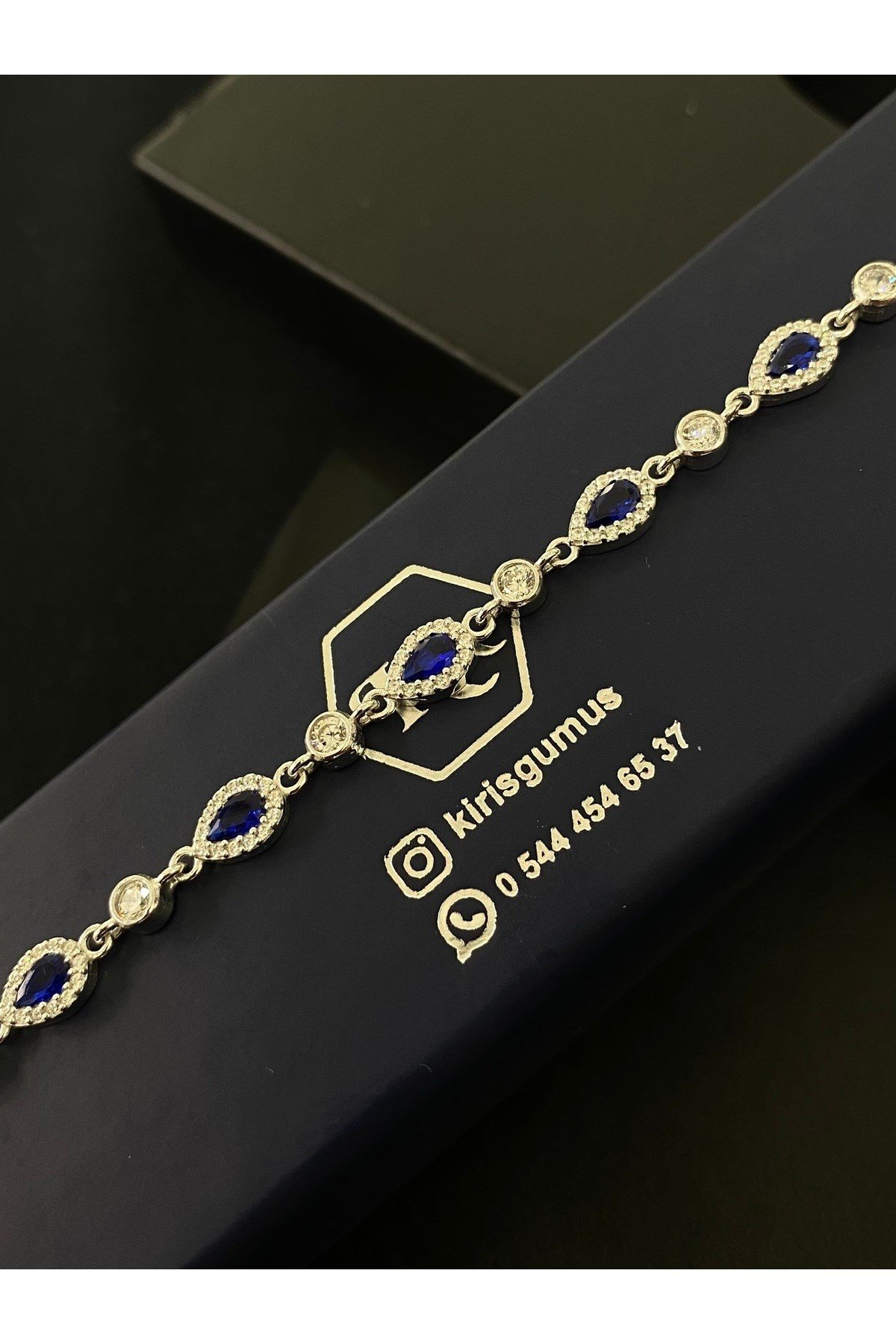925 Ayar Gümüş Tamtur Lacivert Damla Kadın Gümüş Bileklik (17+3CM)