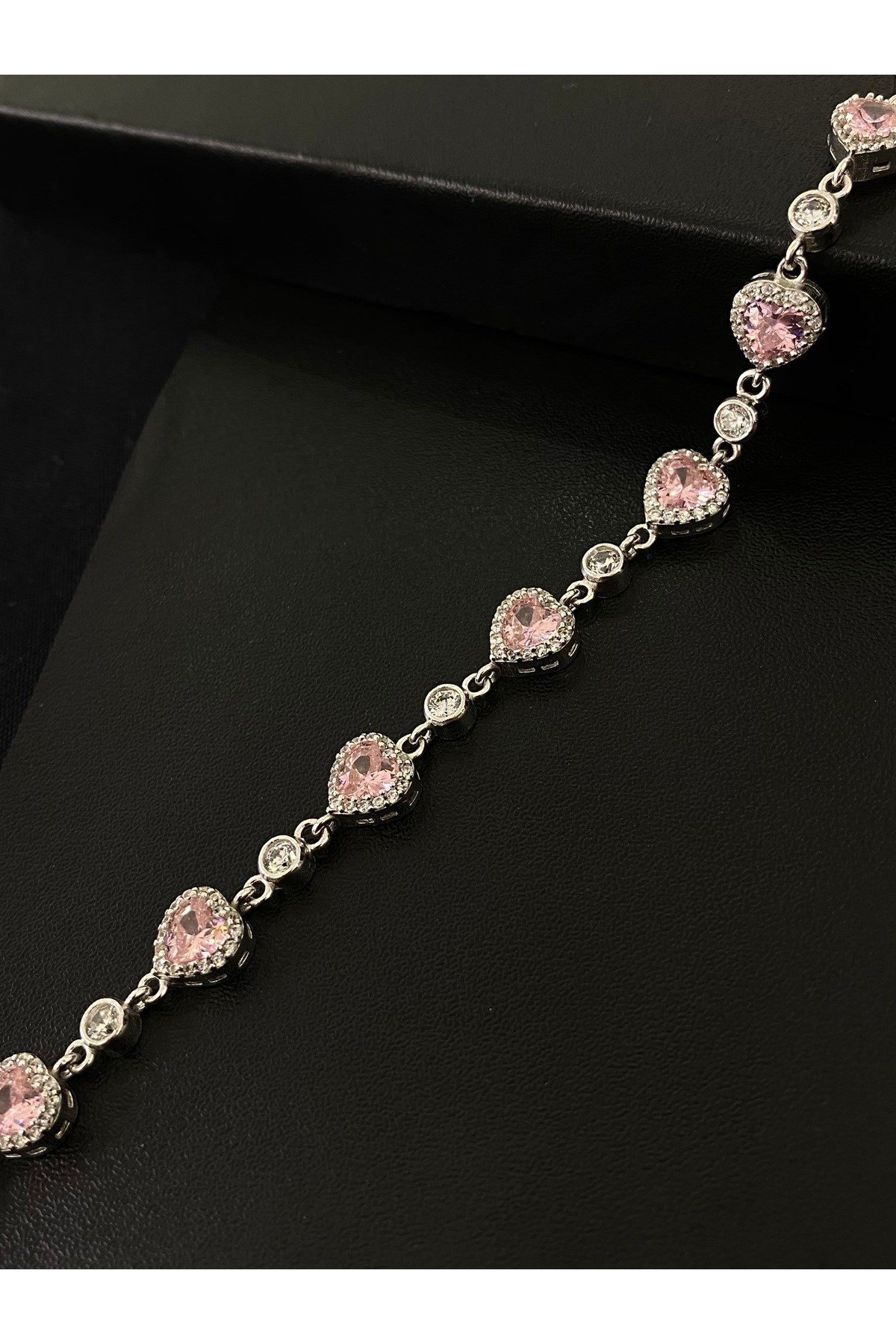 925 Ayar Gümüş Tamtur Pembe Kalp Kadın Gümüş Bileklik (17+3CM)