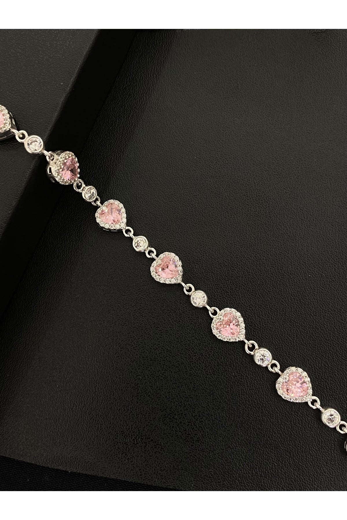 925 Ayar Gümüş Tamtur Pembe Kalp Kadın Gümüş Bileklik (17+3CM)