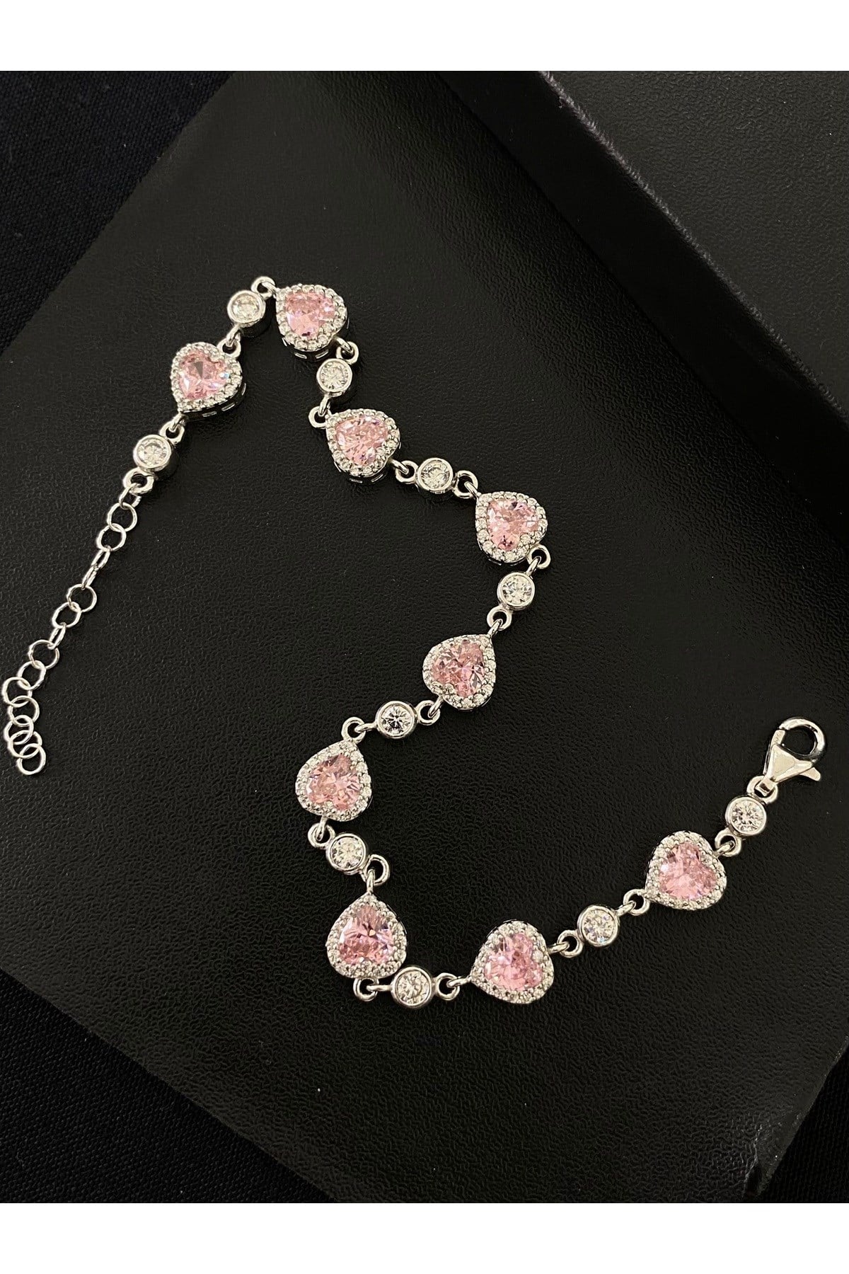 925 Ayar Gümüş Tamtur Pembe Kalp Kadın Gümüş Bileklik (17+3CM)