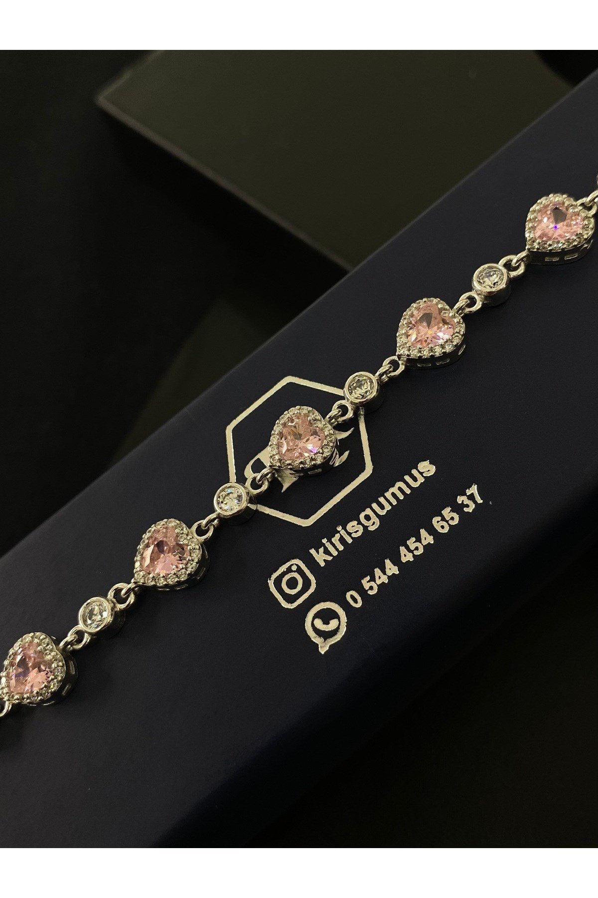 925 Ayar Gümüş Tamtur Pembe Kalp Kadın Gümüş Bileklik (17+3CM)