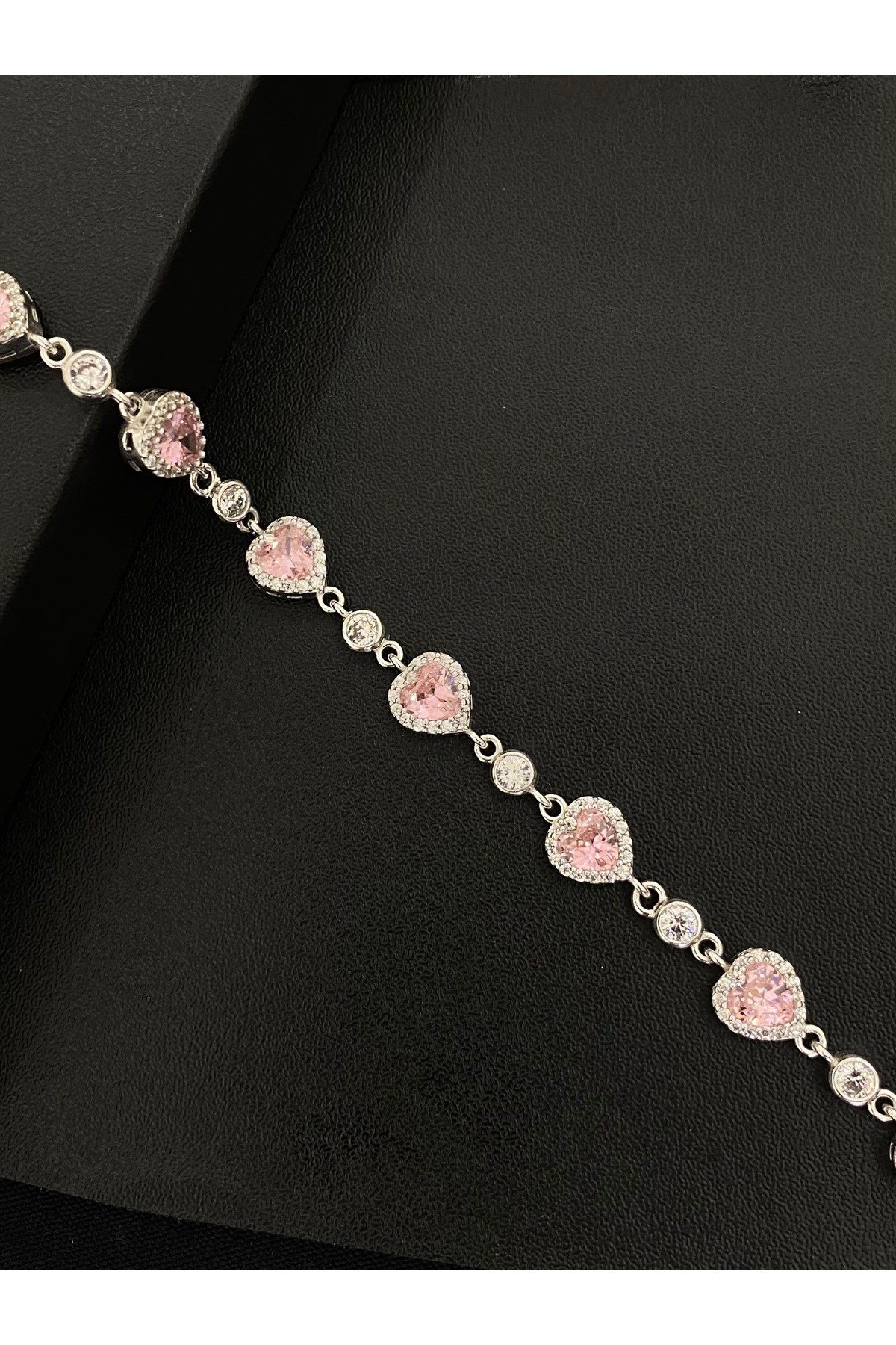925 Ayar Gümüş Tamtur Pembe Kalp Kadın Gümüş Bileklik (17+3CM)