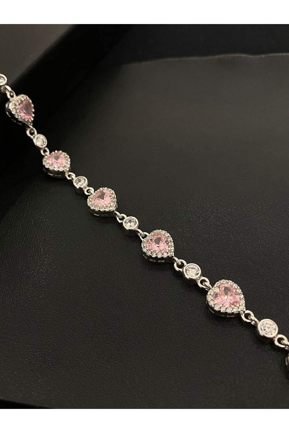925 Ayar Gümüş Tamtur Pembe Kalp Kadın Gümüş Bileklik (17+3CM)