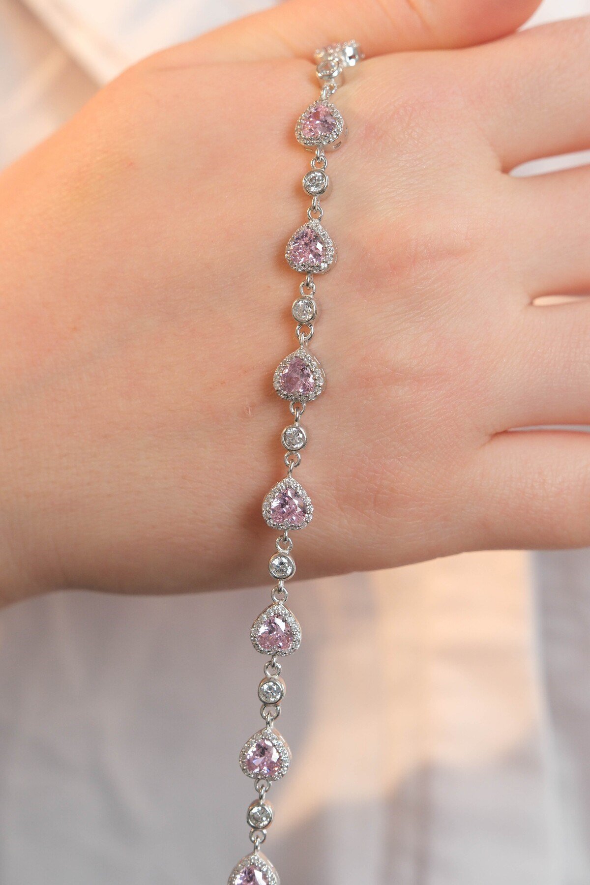 925 Ayar Gümüş Tamtur Pembe Kalp Kadın Gümüş Bileklik (17+3CM)