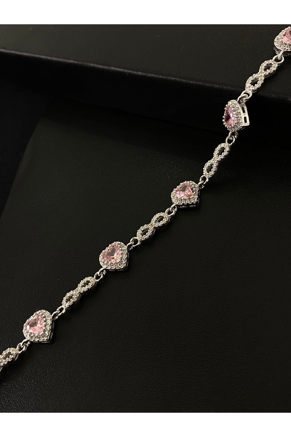 925 Ayar Gümüş Tamtur Sonsuzluk ve Pembe Kalp Kadın Gümüş Bileklik (17+3CM)
