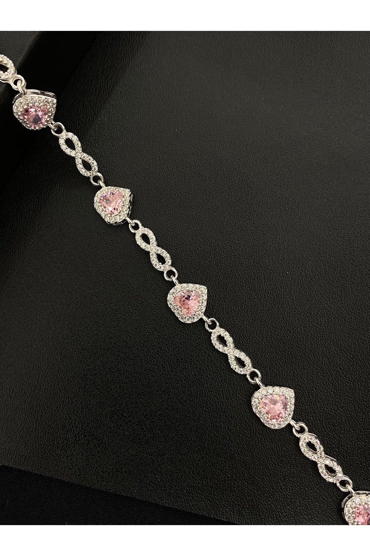 925 Ayar Gümüş Tamtur Sonsuzluk ve Pembe Kalp Kadın Gümüş Bileklik (17+3CM)