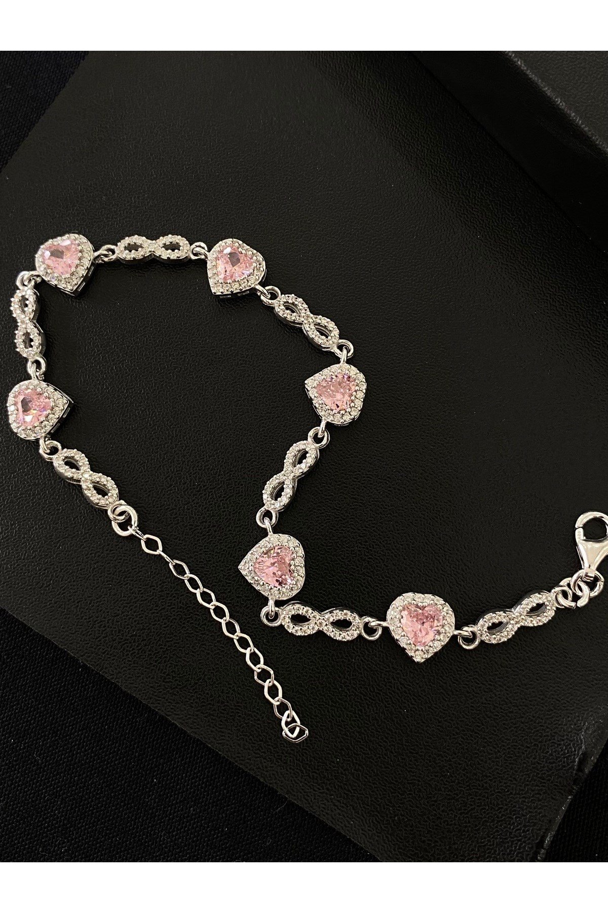 925 Ayar Gümüş Tamtur Sonsuzluk ve Pembe Kalp Kadın Gümüş Bileklik (17+3CM)