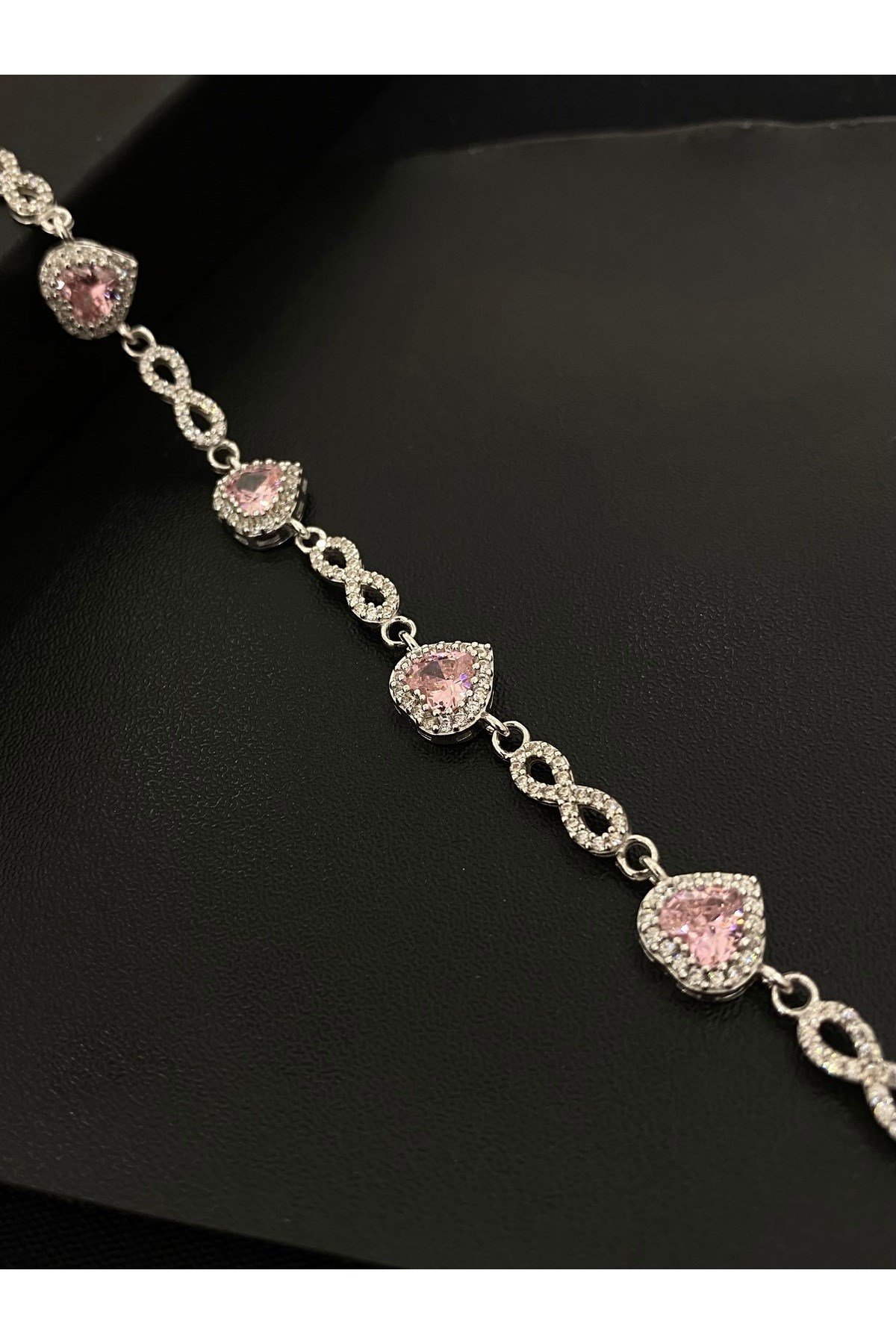925 Ayar Gümüş Tamtur Sonsuzluk ve Pembe Kalp Kadın Gümüş Bileklik (17+3CM)