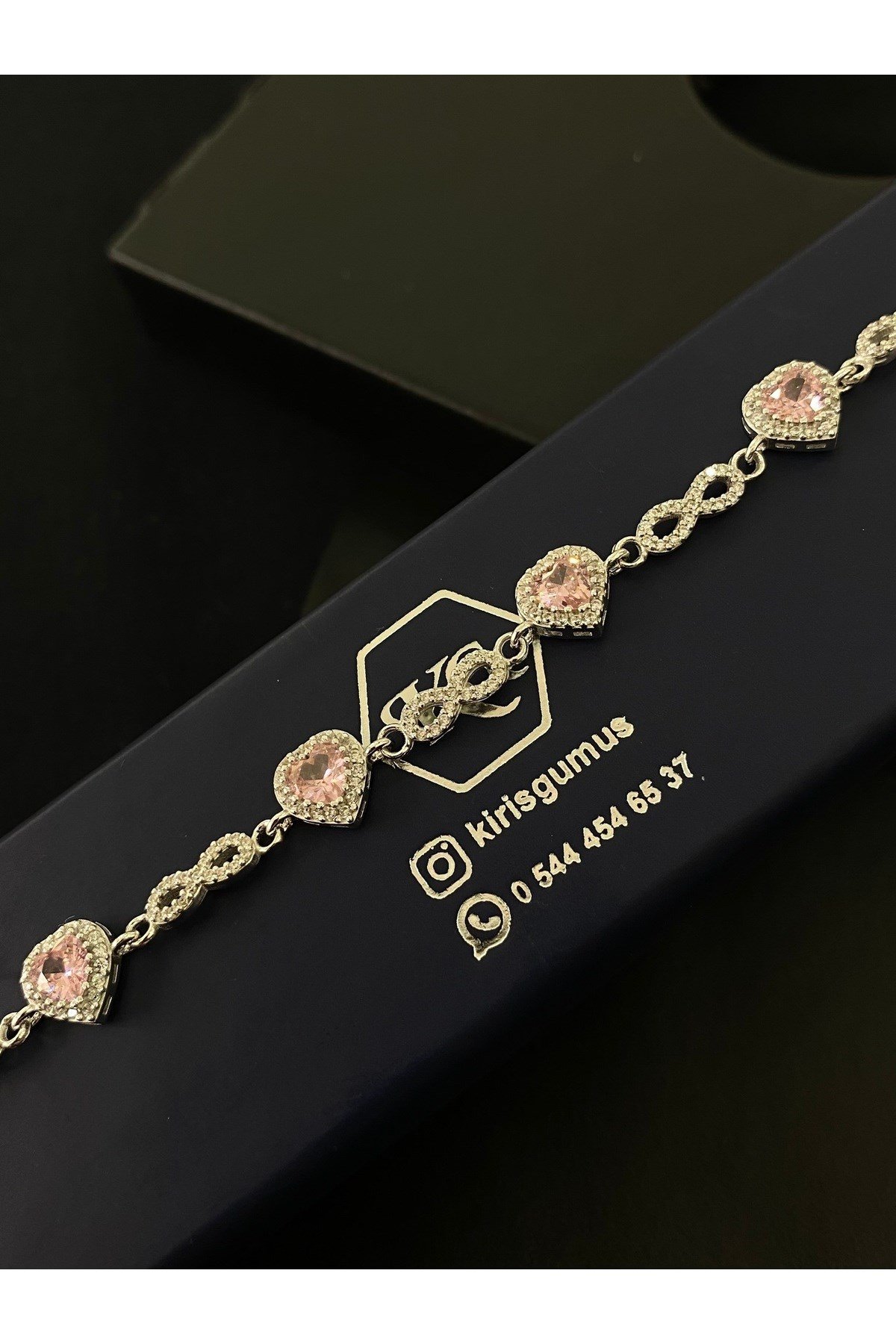 925 Ayar Gümüş Tamtur Sonsuzluk ve Pembe Kalp Kadın Gümüş Bileklik (17+3CM)
