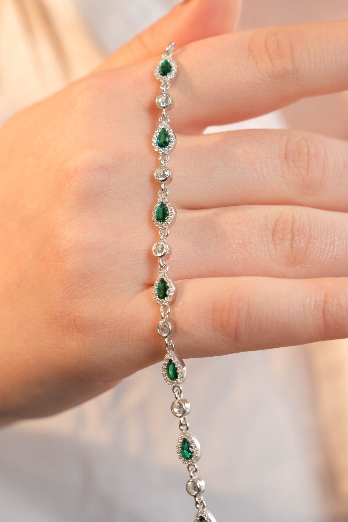 925 Ayar Gümüş Tamtur Yeşil Damla Kadın Gümüş Bileklik (17+3CM)
