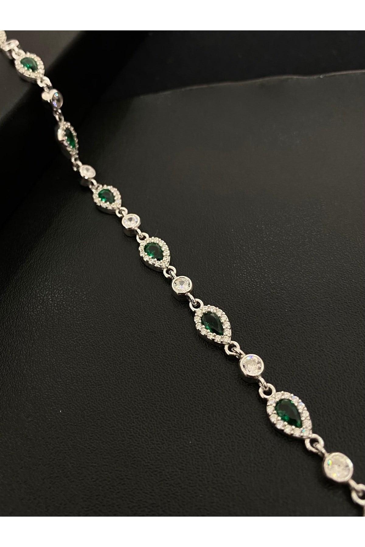 925 Ayar Gümüş Tamtur Yeşil Damla Kadın Gümüş Bileklik (17+3CM)